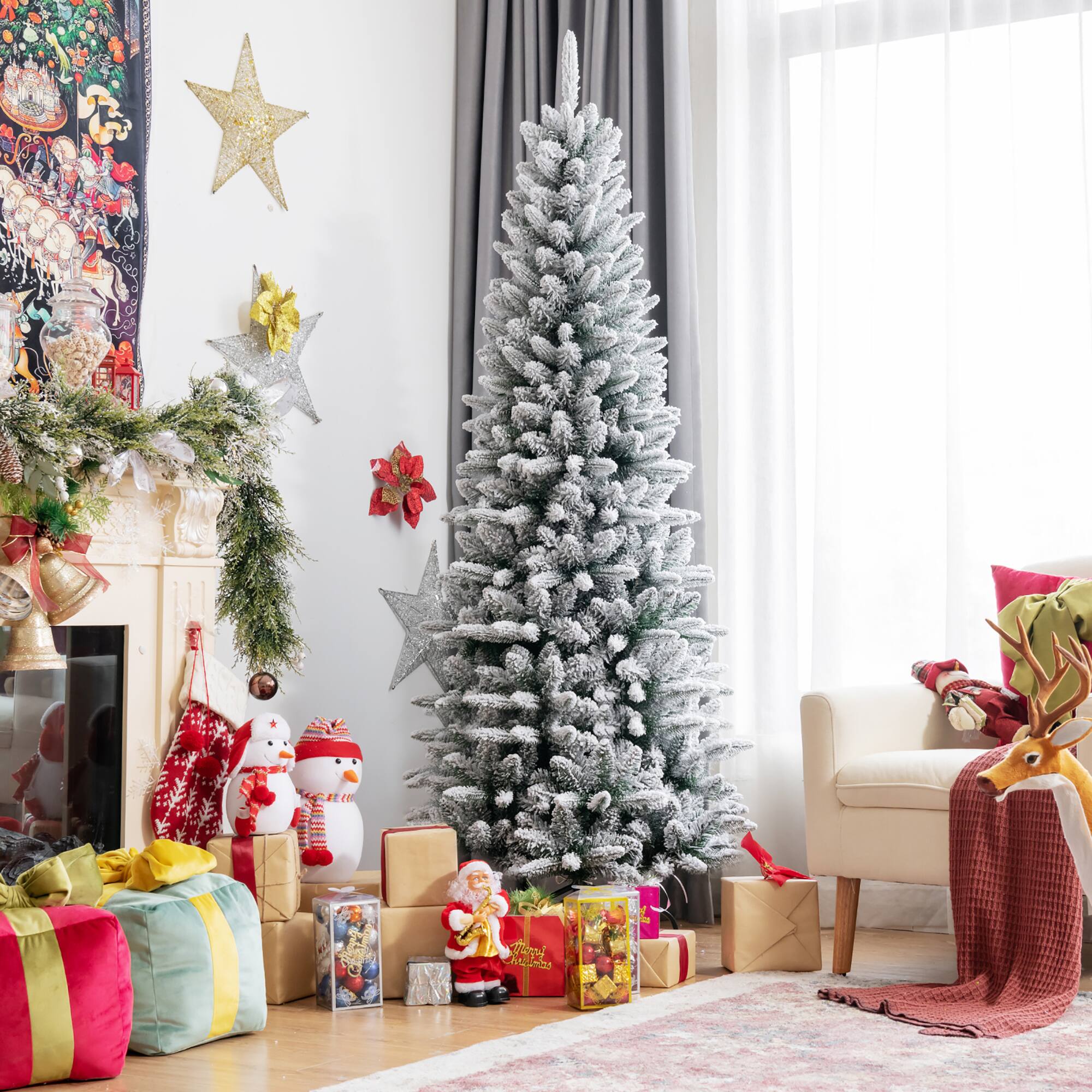 Alt View 12. Costway - 6.5ft Snow-Flocked Hinged Artificial Christmas Pencil Tree w/ 829 Mixed Tips - Green/White.