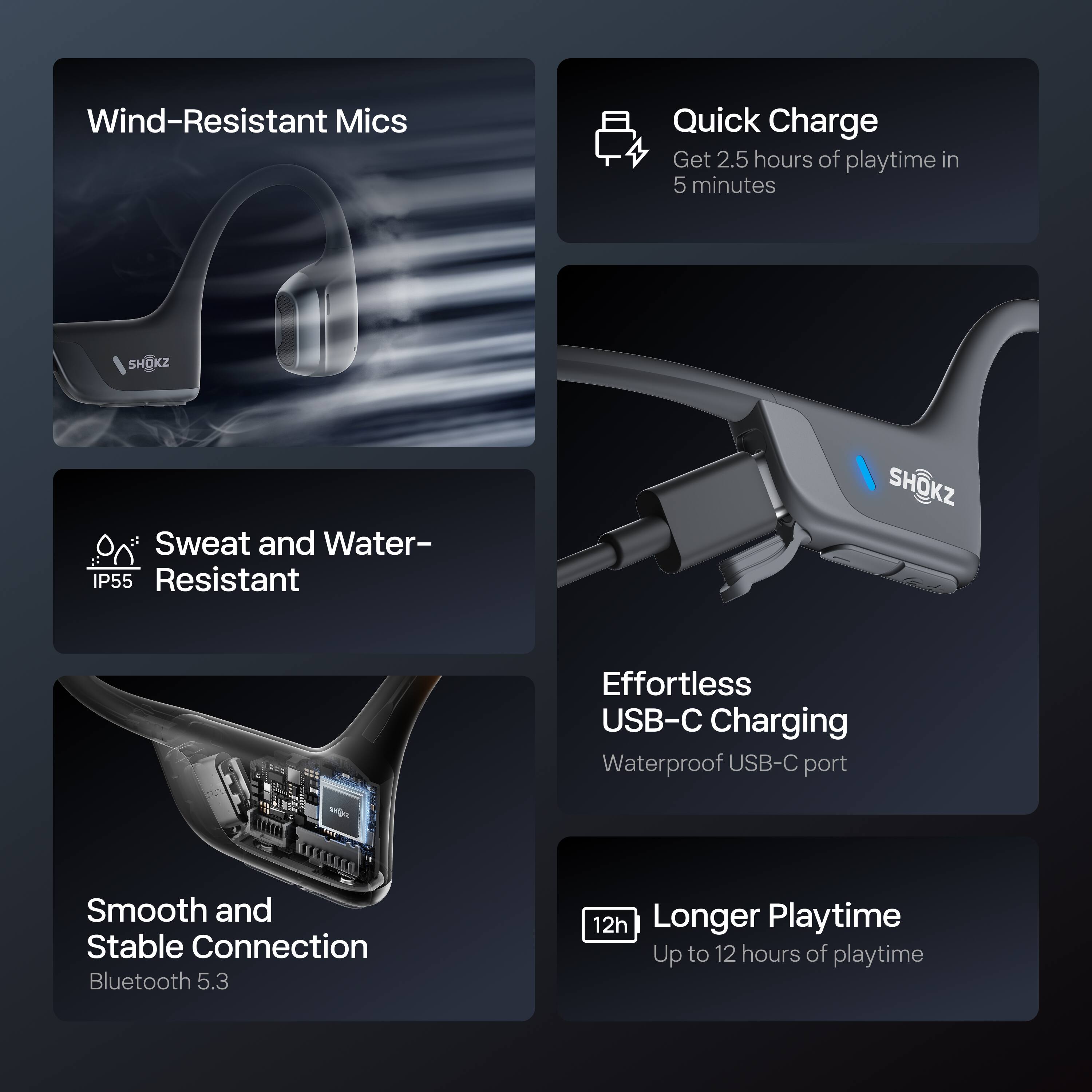 - Wind-Resistant Mics
- Quick Charge: Get 2.5 hours of playtime in 5 minutes
- Sweat and Water-Resistant (IP55)
- Effortless USB-C Charging: Waterproof USB-C port
- Smooth and Stable Connection: Bluetooth 5.3
- Longer Playtime: Up to 12 hours of playtime