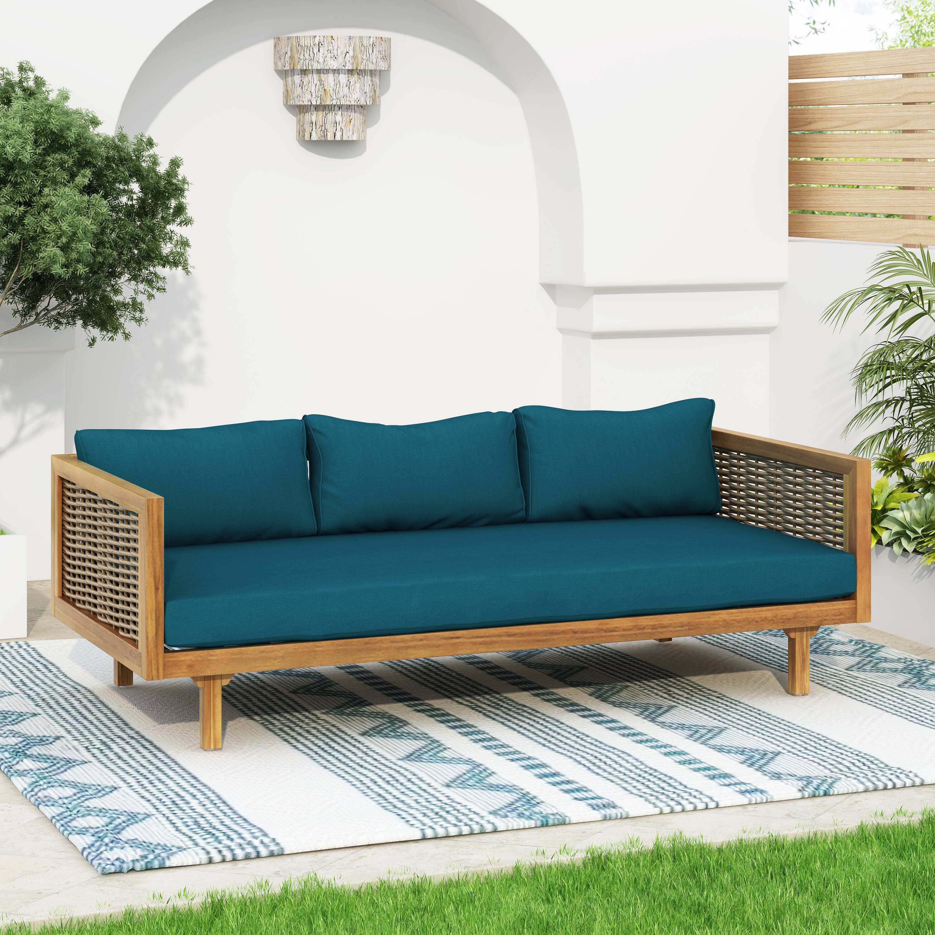 Alt View 4. Siljoy - All Weather Wicker Patio Set, Outdoor Rattan Sectional w/ Thick Dark Teal Waterproof Cushions - Teak,Teal.