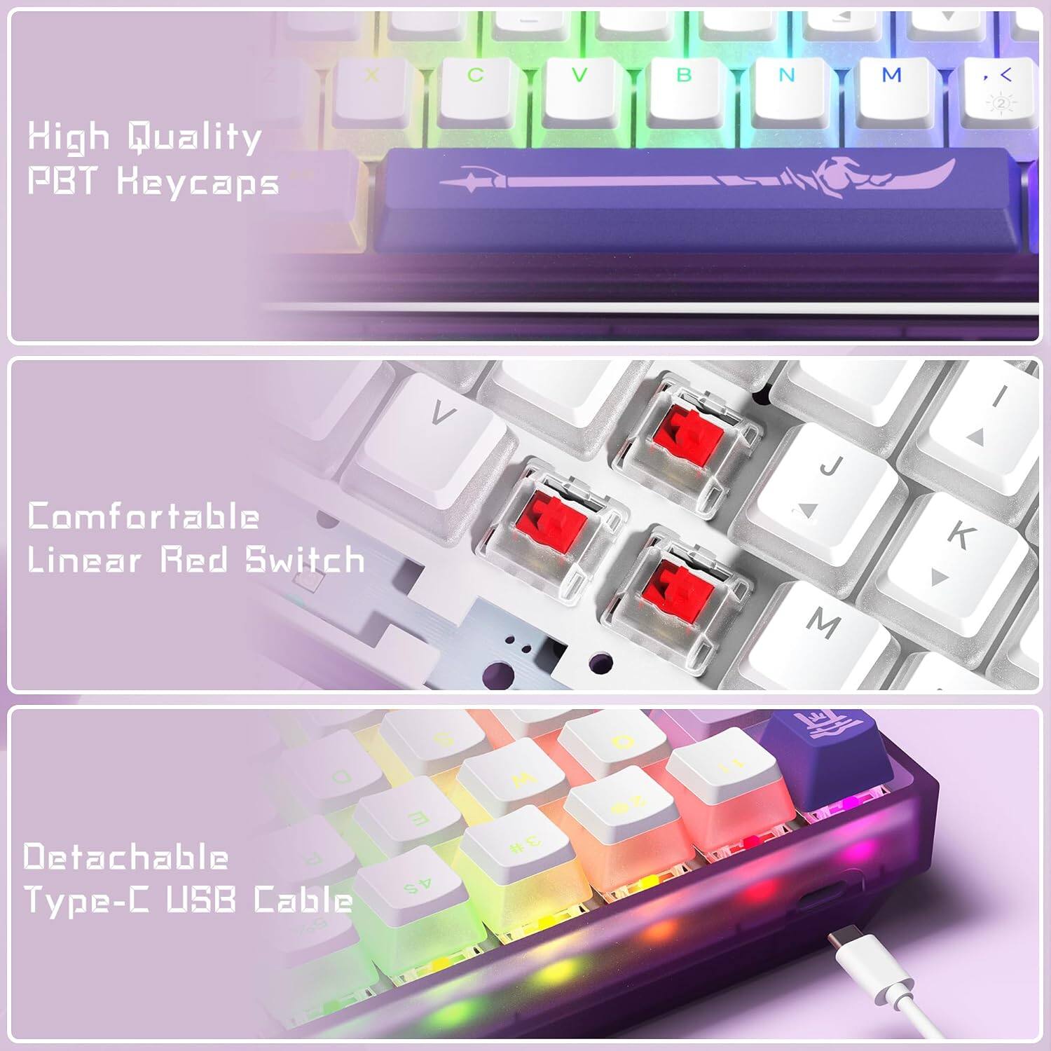 High Quality PBT Keycaps

Comfortable Linear Red Switch

Detachable Type-C USB Cable