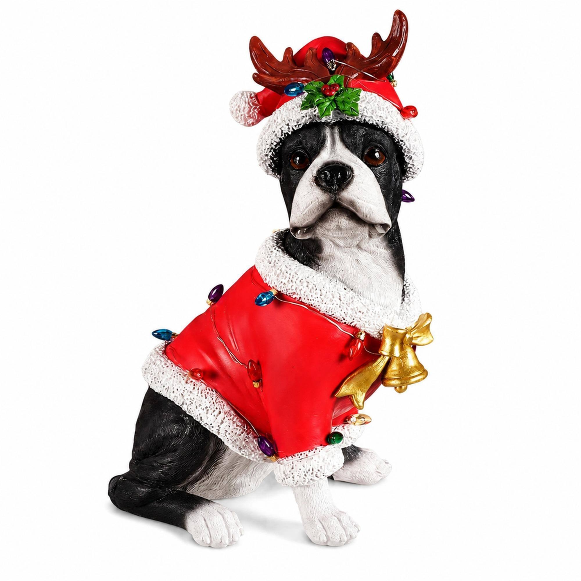 Front. RYHNUYNE - Christmas Boston Terrier Statue with Santa Outfit, Reindeer Antlers, Holly Accents, and Gold Bells for Mantel - Black.