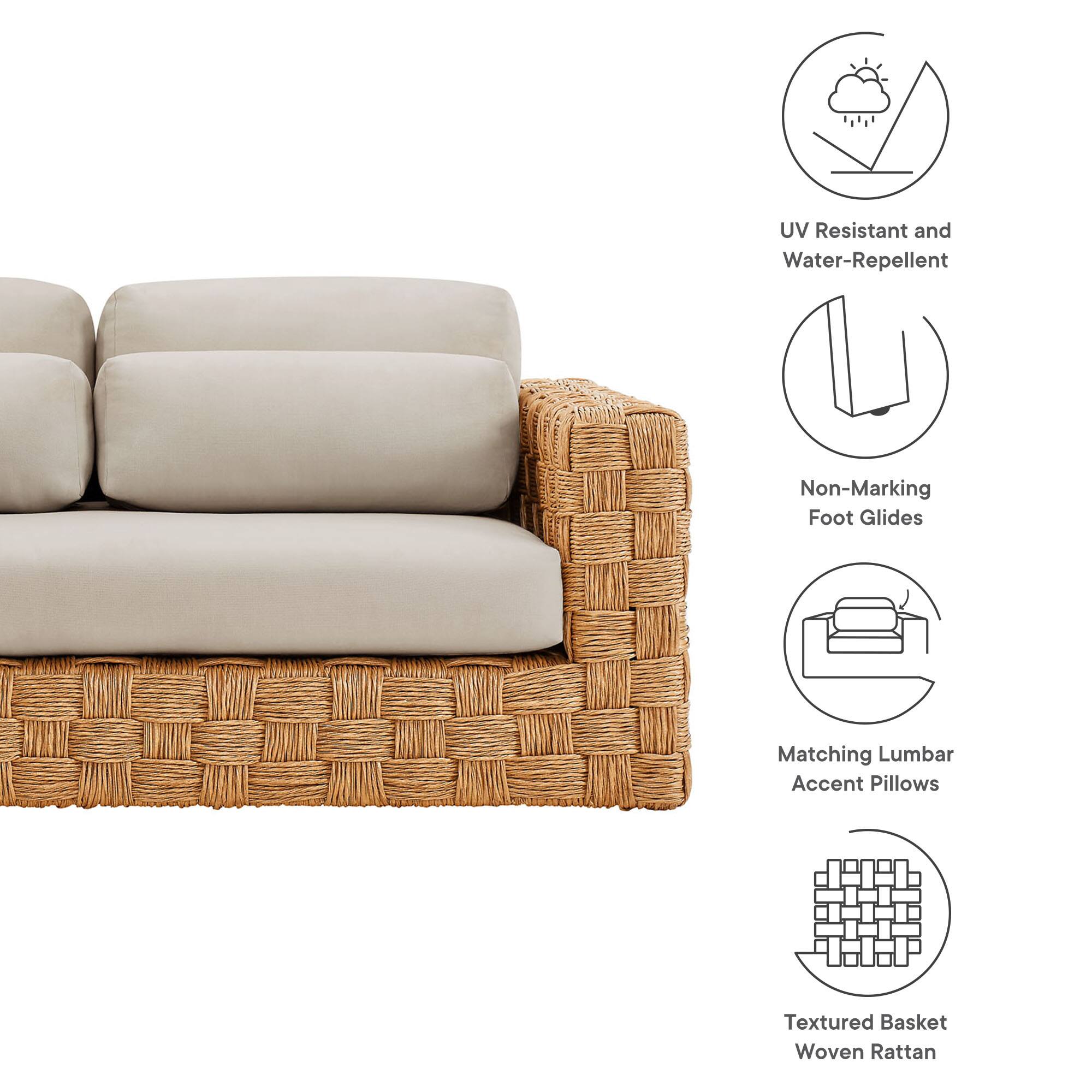 UV Resistant and Water-Repellent  
Non-Marking Foot Glides  
Matching Lumbar Accent Pillows  
Textured Basket Woven Rattan