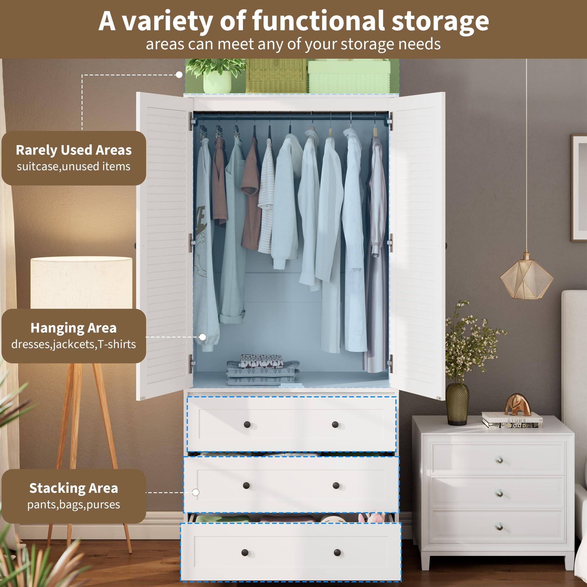 A variety of functional storage areas can meet any of your storage needs.

- Rarely Used Areas: suitcase, unused items
- Hanging Area: dresses, jackets, T-shirts
- Stacking Area: pants, bags, purses