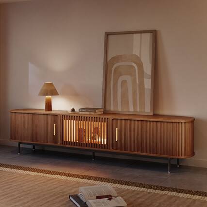 Front. POVISON - 94"Mid-Century Modern Tambour Door TV Stand with LED Lights - Walnut with LED Lights.