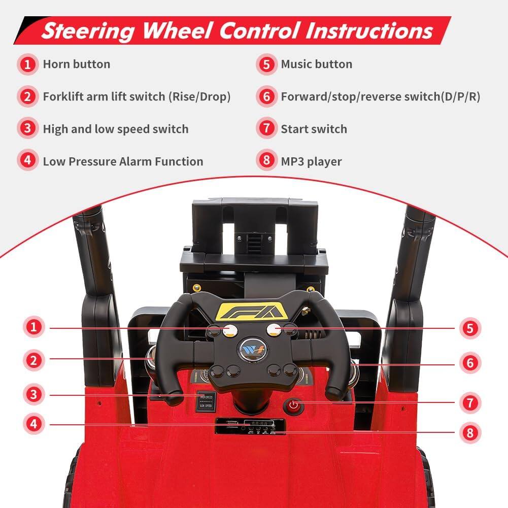 Steering Wheel Control Instructions

1. Horn button
2. Forklift arm lift switch (Rise/Drop)
3. High and low speed switch
4. Low Pressure Alarm Function
5. Music button
6. Forward/stop/reverse switch (D/P/R)
7. Start switch
8. MP3 player