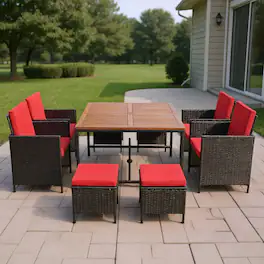 Kadyn - 9 Pieces Patio Rattan Dining Cushioned Chairs SetRed Patio Seating Conversation Set Modern Patio Sofa Sectional All - Red