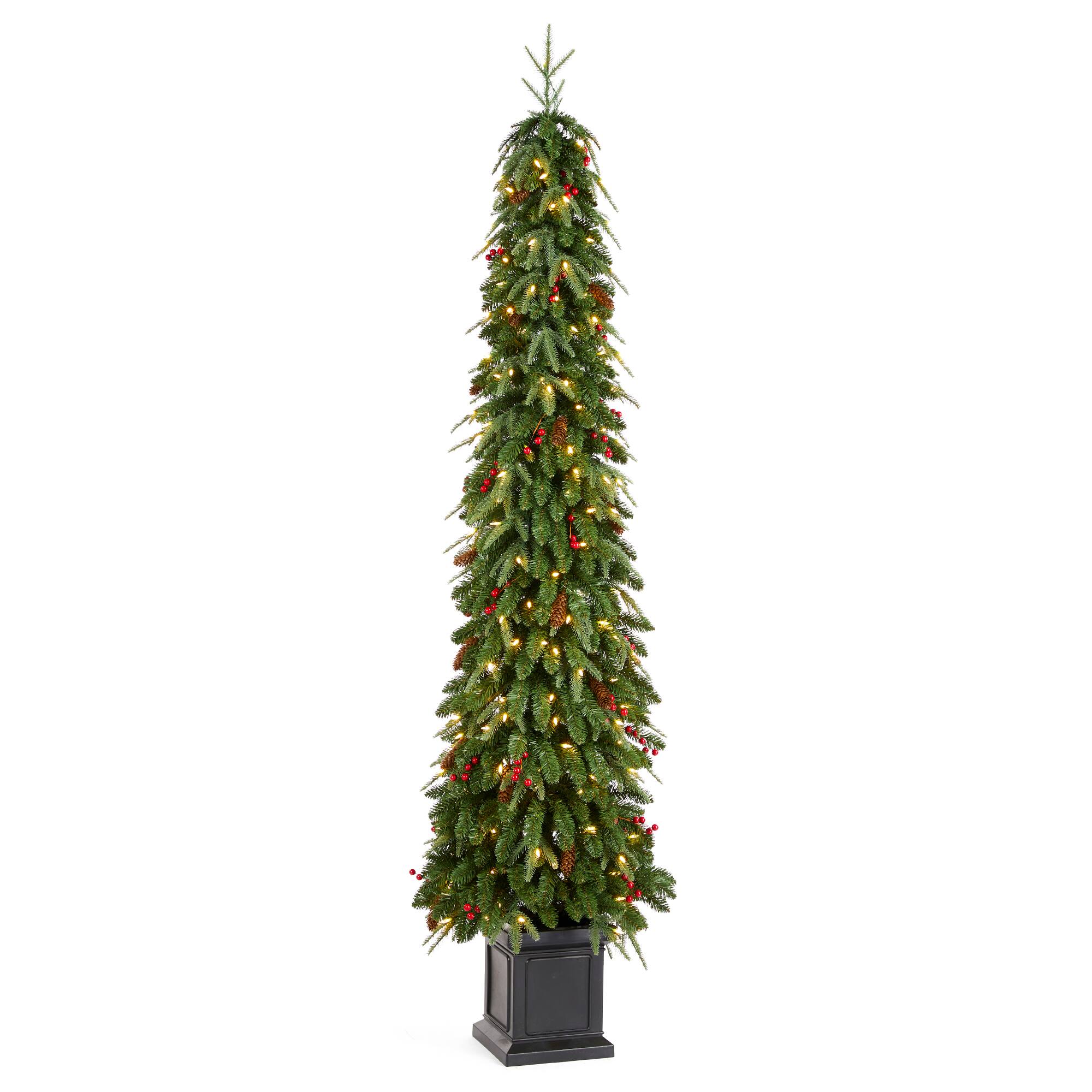 Angle. Glitzhome - 7ft Pre-lit Green Artificial Christmas Porch Tree, red berries,pinecones, 250 warm white lights,3 function, Foot Pedal - Green.