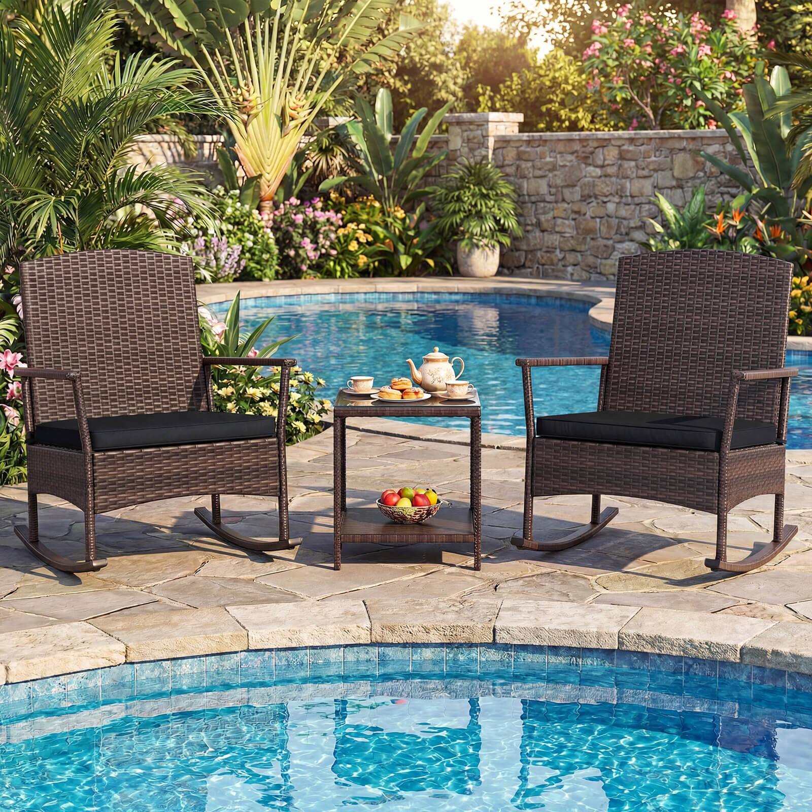 Alt View 3. Costway - Costway 3 PCS Patio Rocking Set Wicker Rocking Chairs with 2-Tier Coffee Table - Mix Brown,Black.