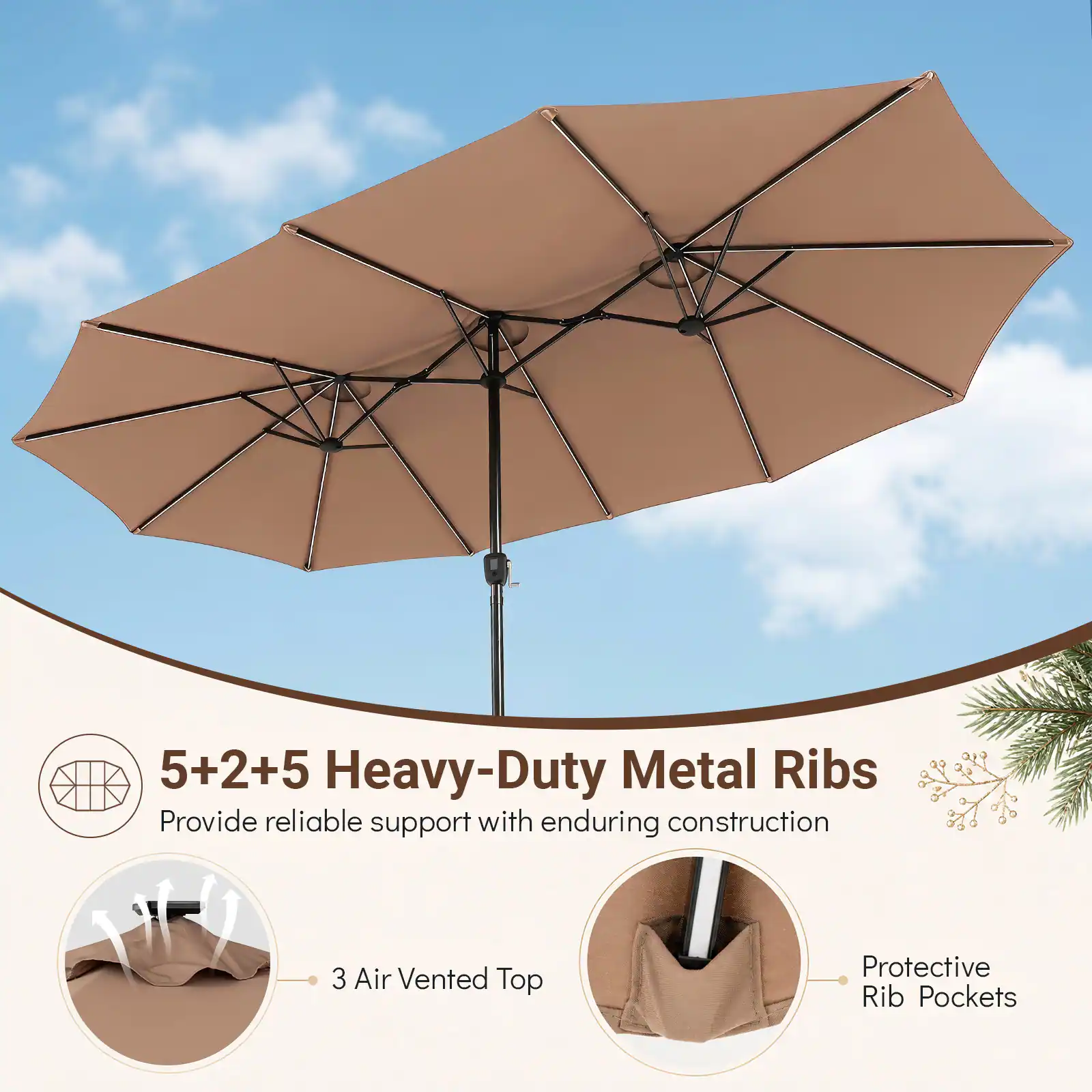 5+2+5 Heavy-Duty Metal Ribs Provide reliable support with enduring construction  
3 Air Vented Top  
Protective Rib Pockets