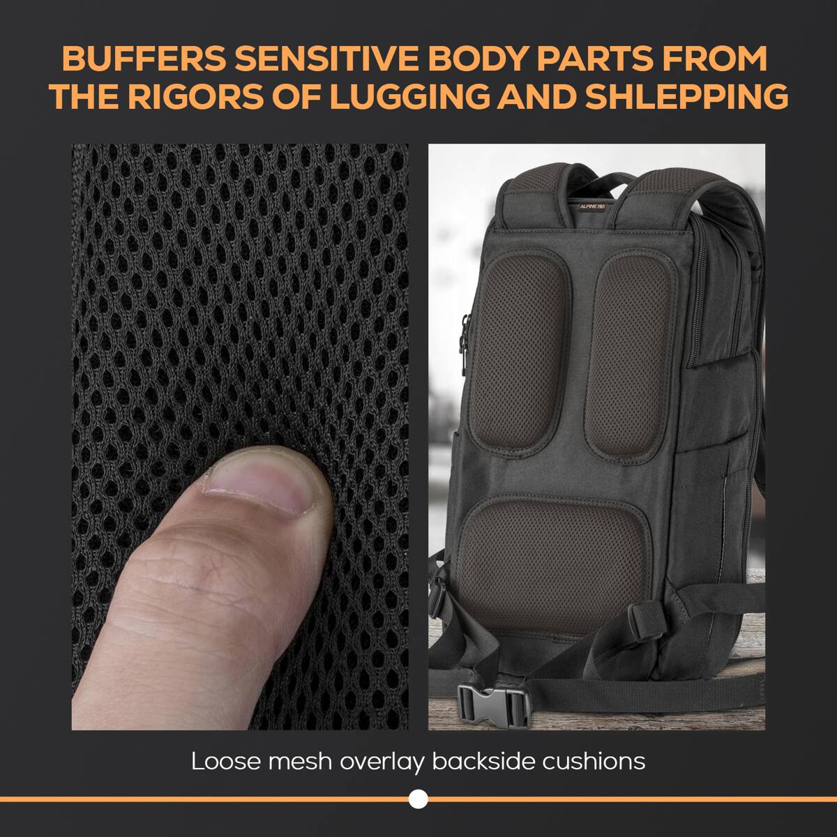 BUFFERS SENSITIVE BODY PARTS FROM THE RIGORS OF LUGGING AND SHLEPPING

Loose mesh overlay backside cushions