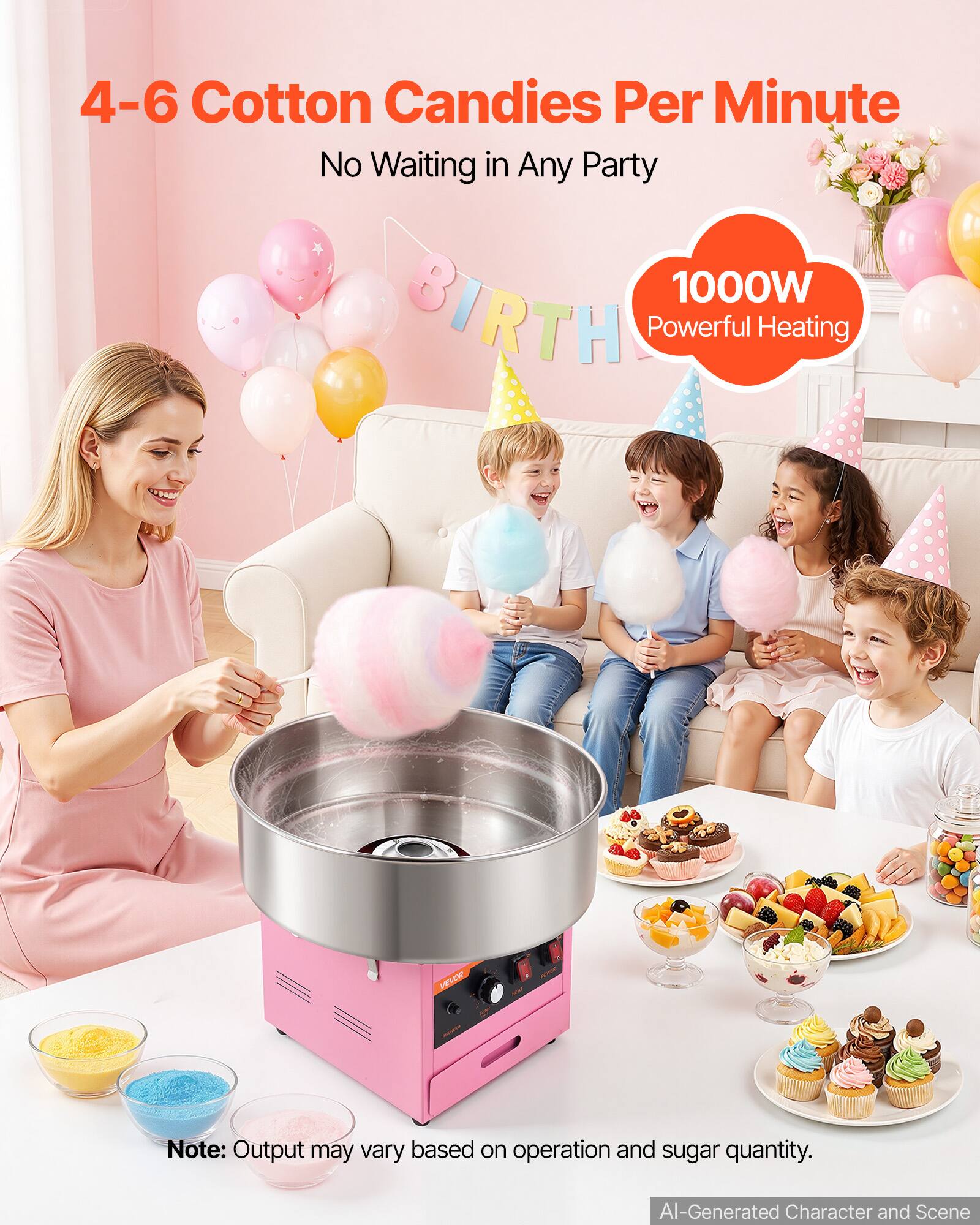 4-6 Cotton Candies Per Minute  
No Waiting in Any Party  
1000W Powerful Heating  

Note: Output may vary based on operation and sugar quantity.  

AI-Generated Character and Scene