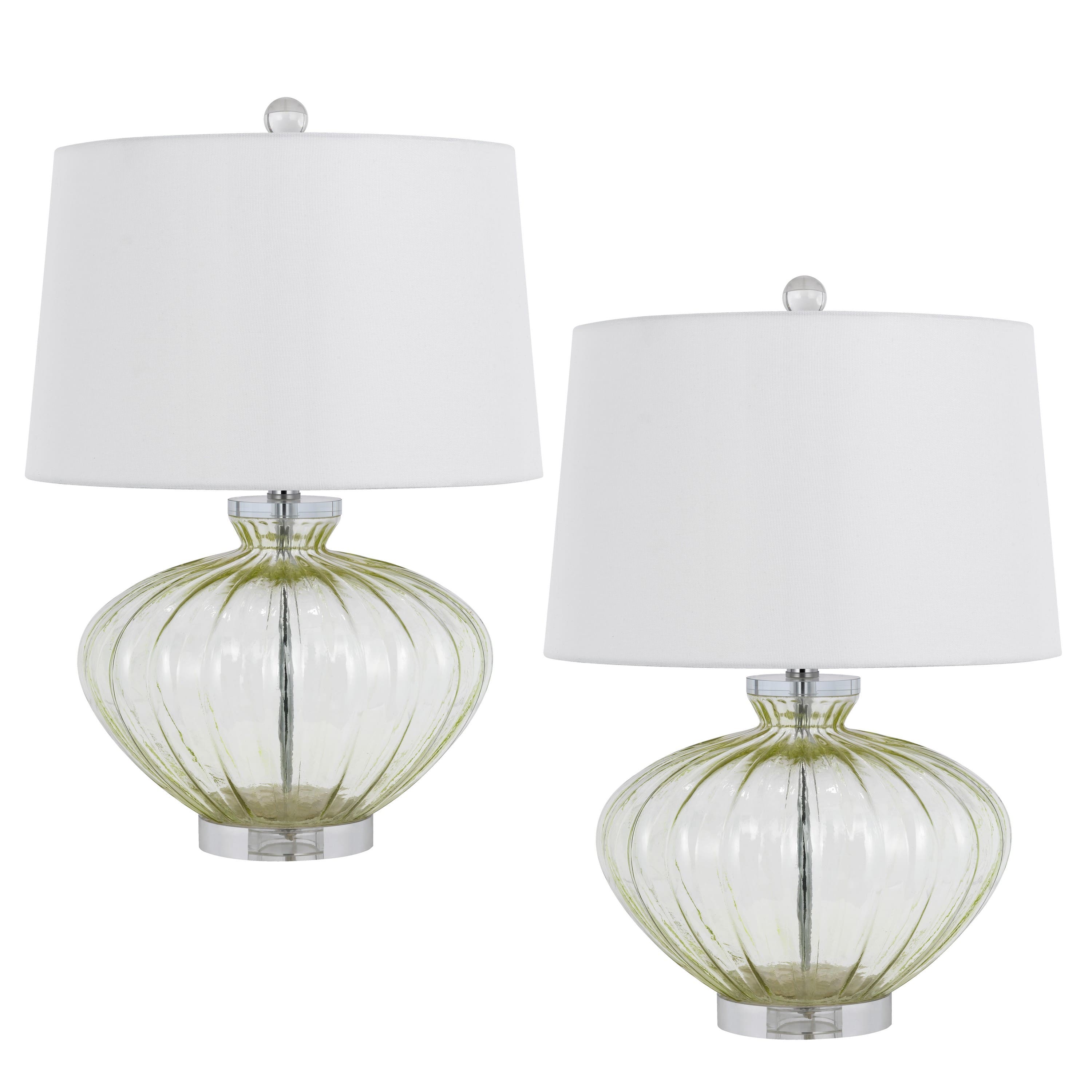 Manhattan Lane - 23 Inch Table Lamp Set of 2, Round Crystal Base, Fabric Shade - Clear, Chrome, White