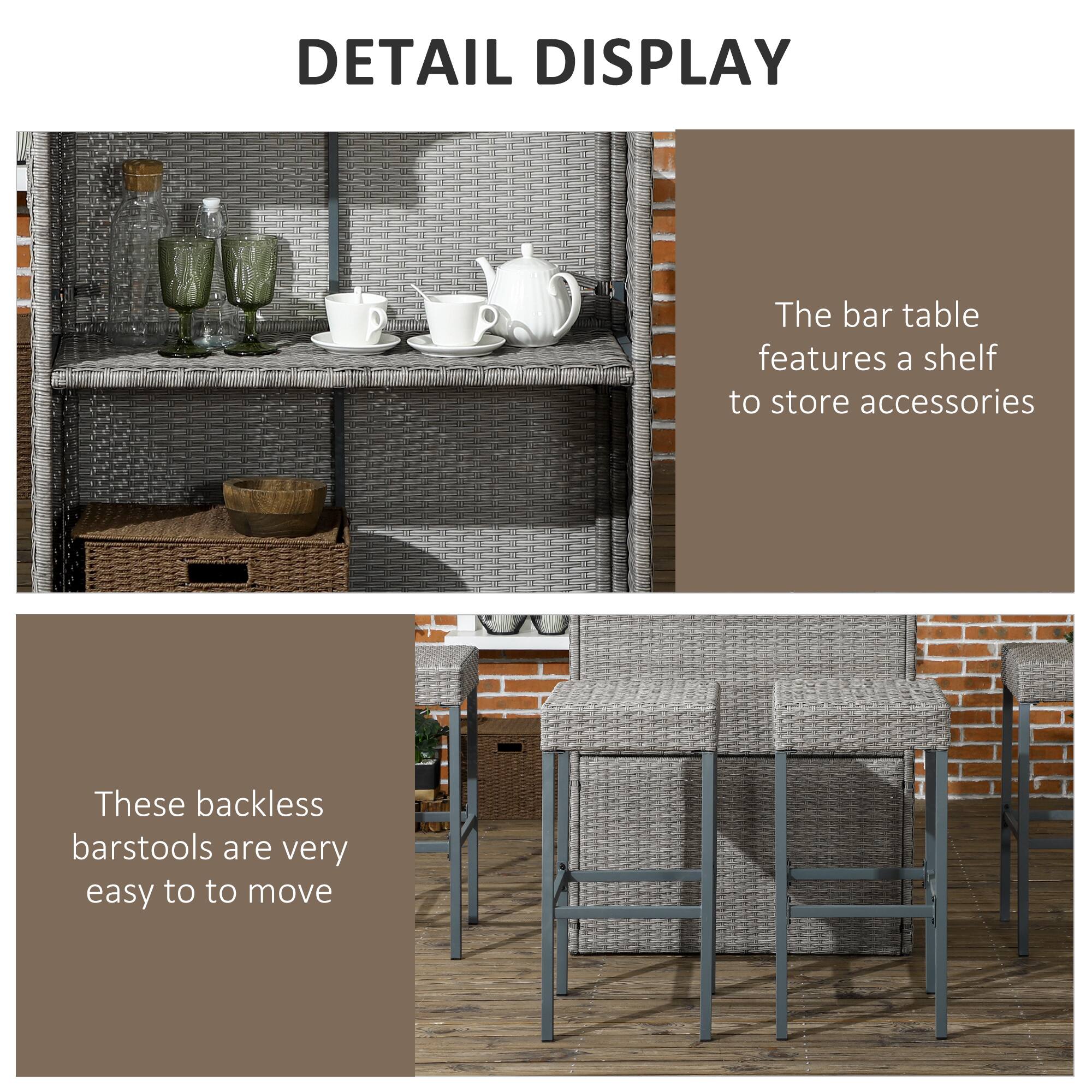 DETAIL DISPLAY

The bar table features a shelf to store accessories

These backless barstools are very easy to move