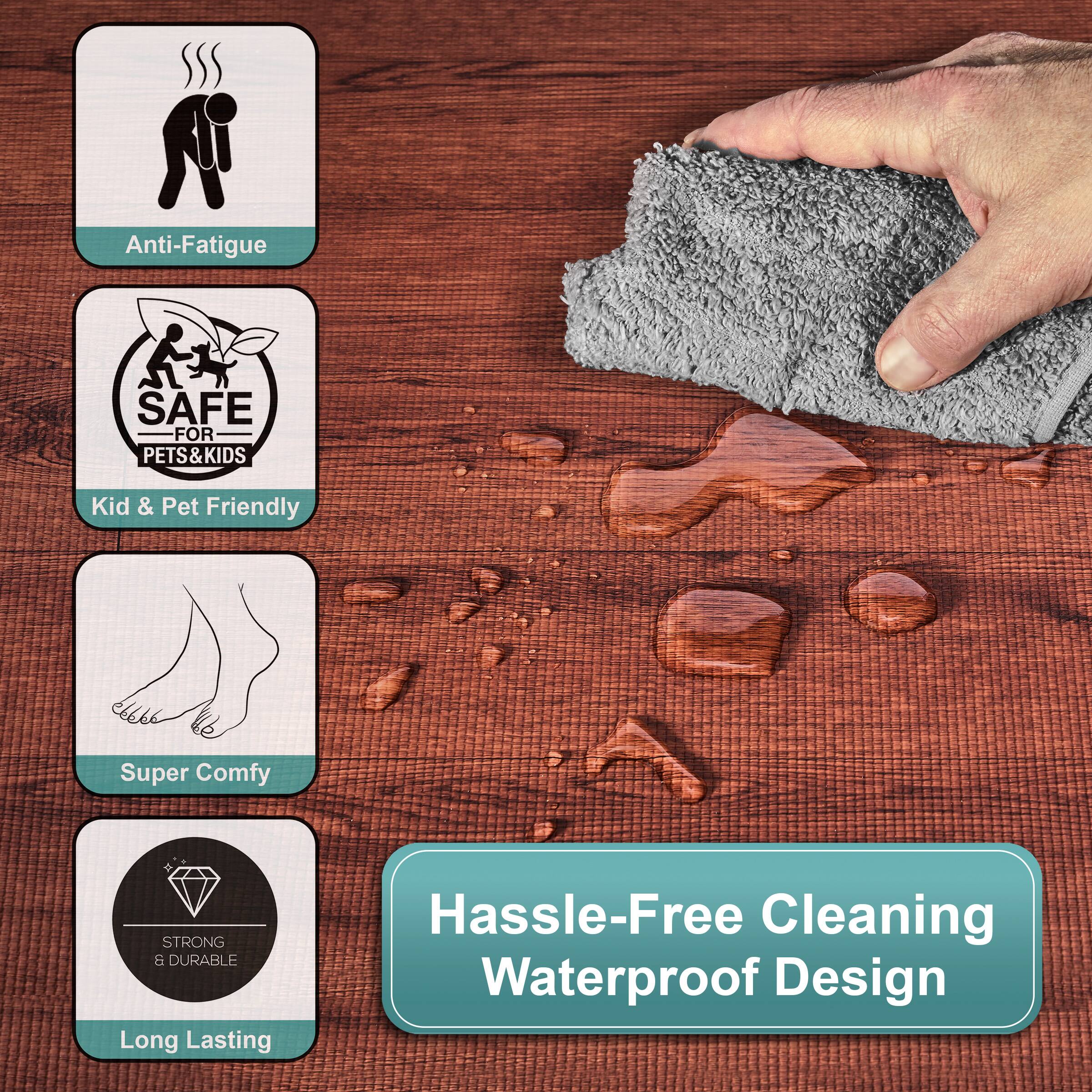 - Anti-Fatigue
- SAFE FOR PETS & KIDS
- Kid & Pet Friendly
- Super Comfy
- STRONG & DURABLE
- Long Lasting
- Hassle-Free Cleaning
- Waterproof Design