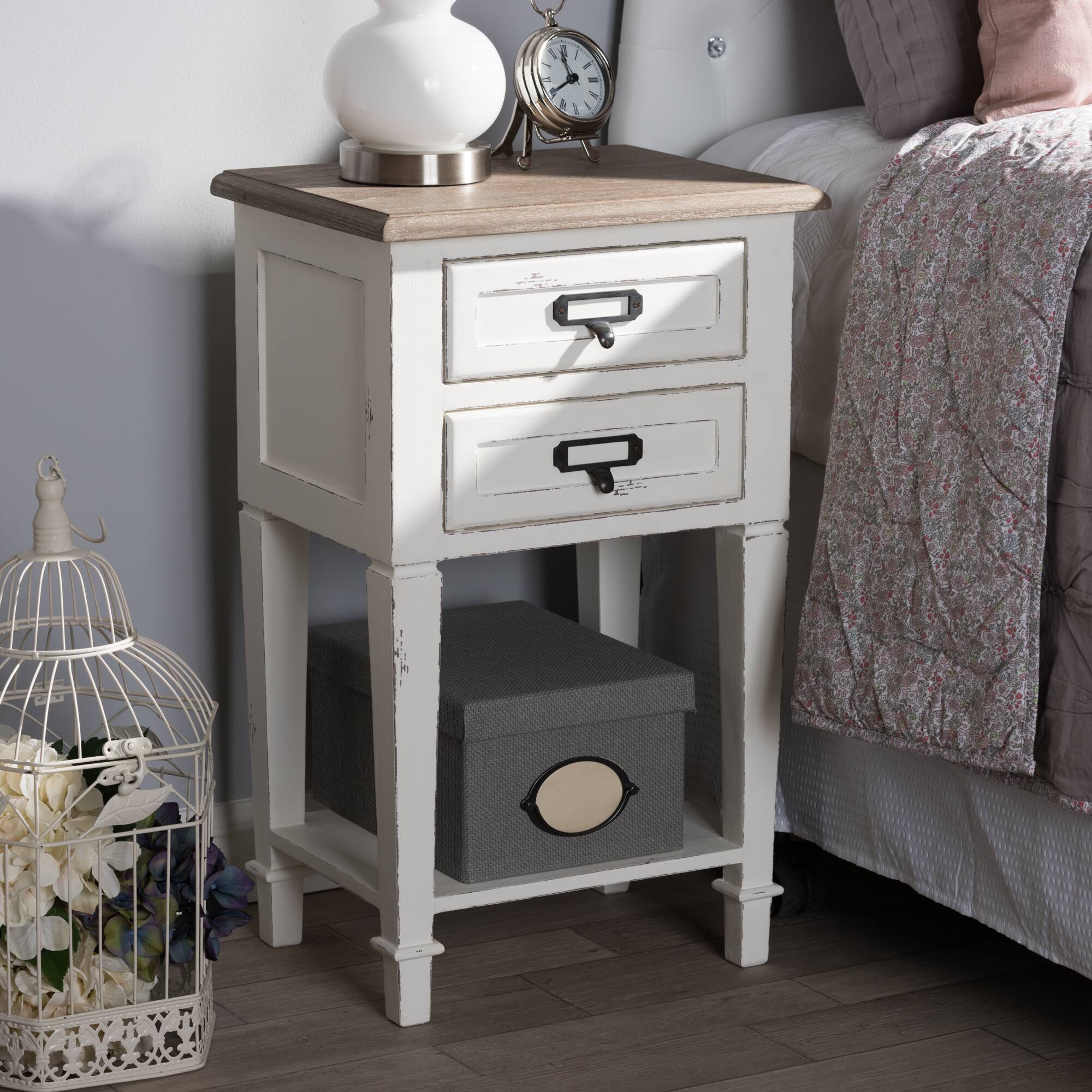 Alt View 2. Baxton Studio - Dauphine Provincial Style Weathered Oak and Wash Distressed Finish Wood Nightstand - White/Natural.