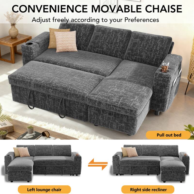 CONVENIENCE MOVABLE CHAISE  
Adjust freely according to your Preferences  

- Pull out bed  
- Left lounge chair  
- Right side recliner