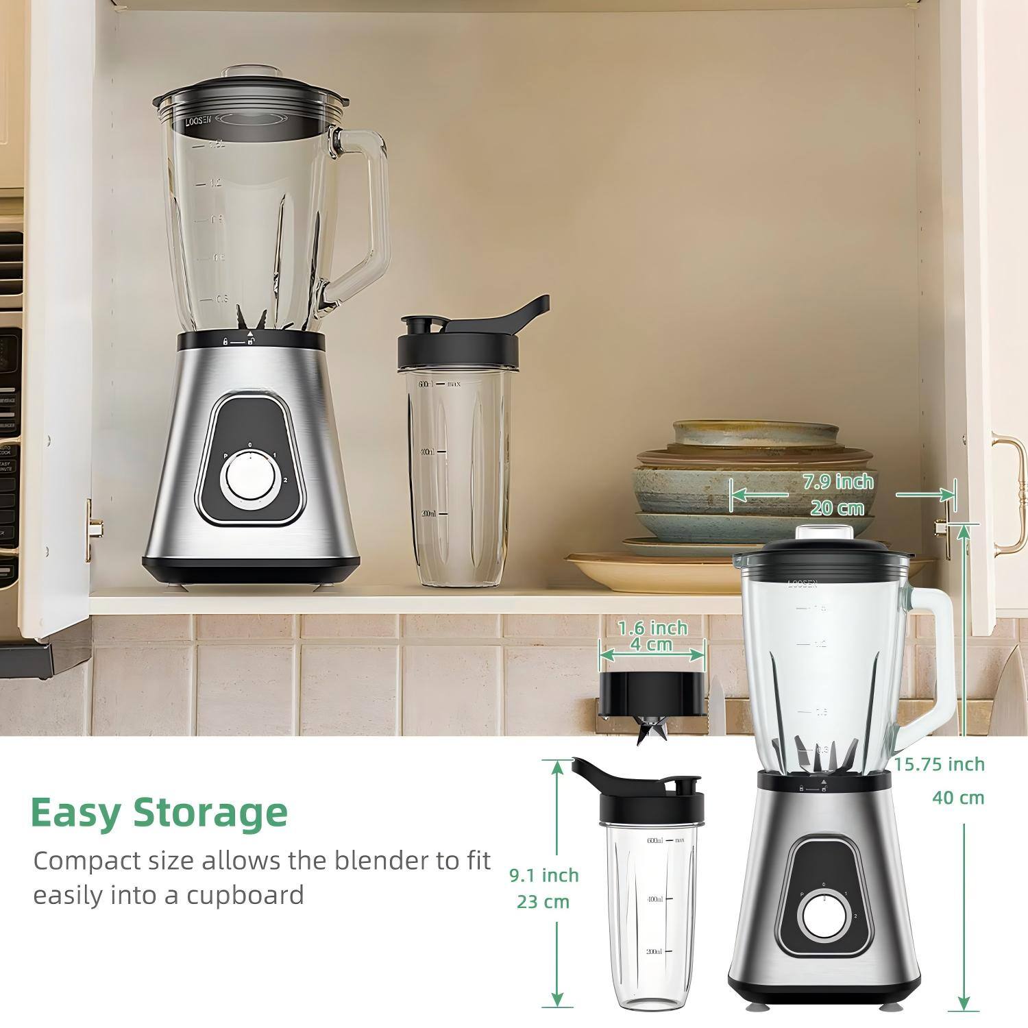 Easy Storage

Compact size allows the blender to fit easily into a cupboard

- 7.9 inch (20 cm)
- 1.6 inch (4 cm)
- 9.1 inch (23 cm)
- 15.75 inch (40 cm)