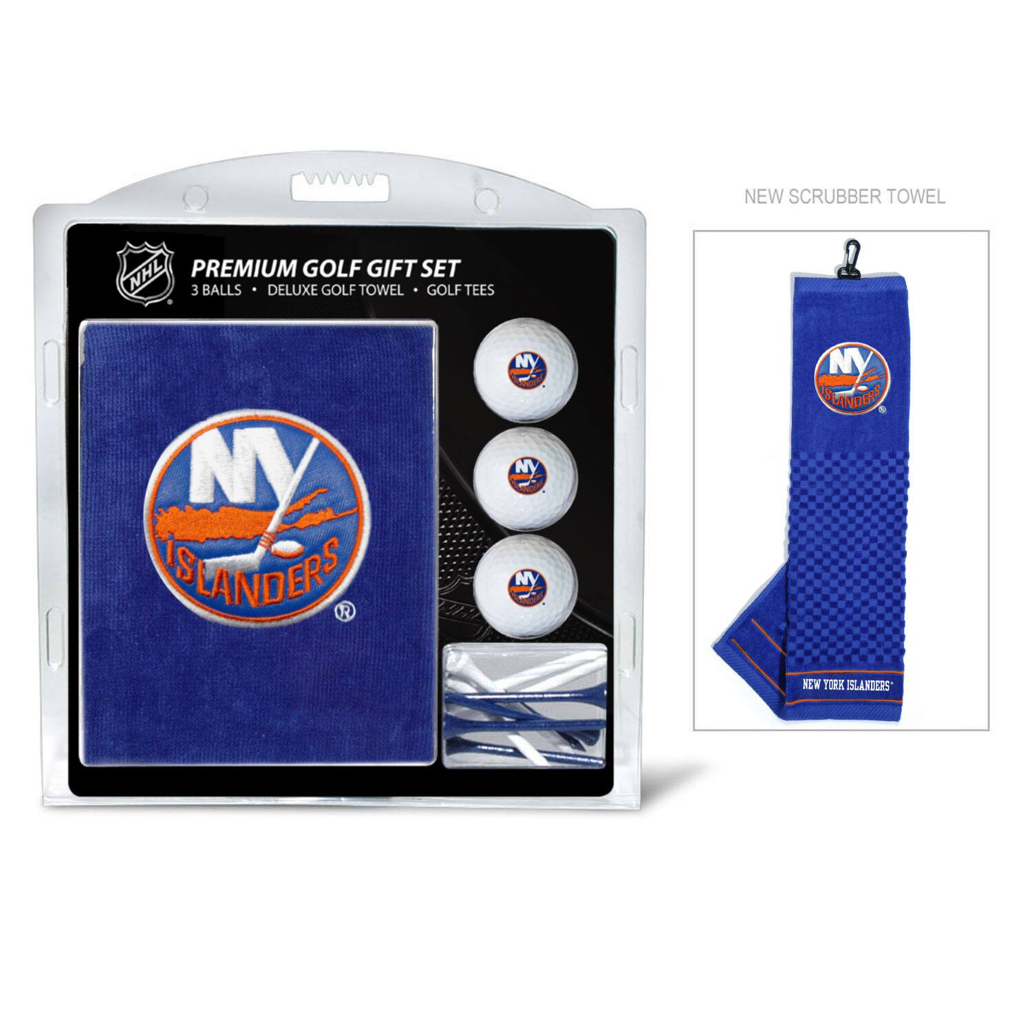 NEW SCRUBBER TOWEL  
NHL PREMIUM GOLF GIFT SET  
3 BALLS • DELUXE GOLF TOWEL • GOLF TEES  
NEW YORK ISLANDERS