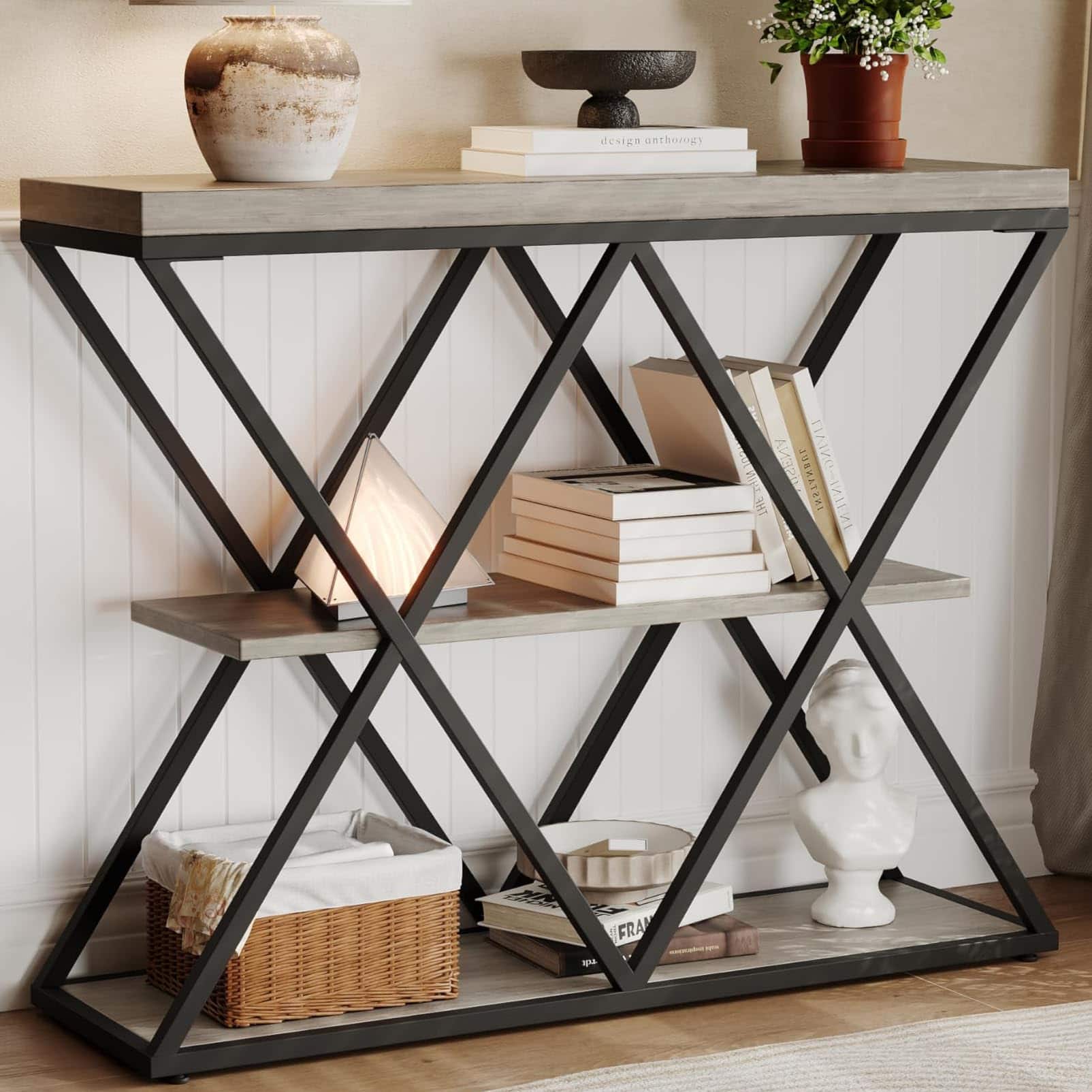 Qeetex - 3-Tier Industrial Entryway Table with Storage, Console Sofa Table with Open Shelves, X-Shaped Metal Frame - Gray