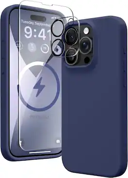 Entronix - Premium Bundle for iPhone 14 Pro - Liquid Silicone Case with Screen & Camera Protectors - Navy