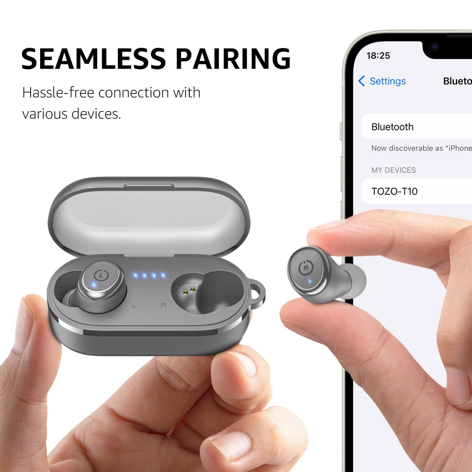 SEAMLESS PAIRING Hassle-free connection with various devices. 18:25 Settings Bluetooth Blueto Now discoverable as "iPhone MY DEVICES TOZO-T10 a L