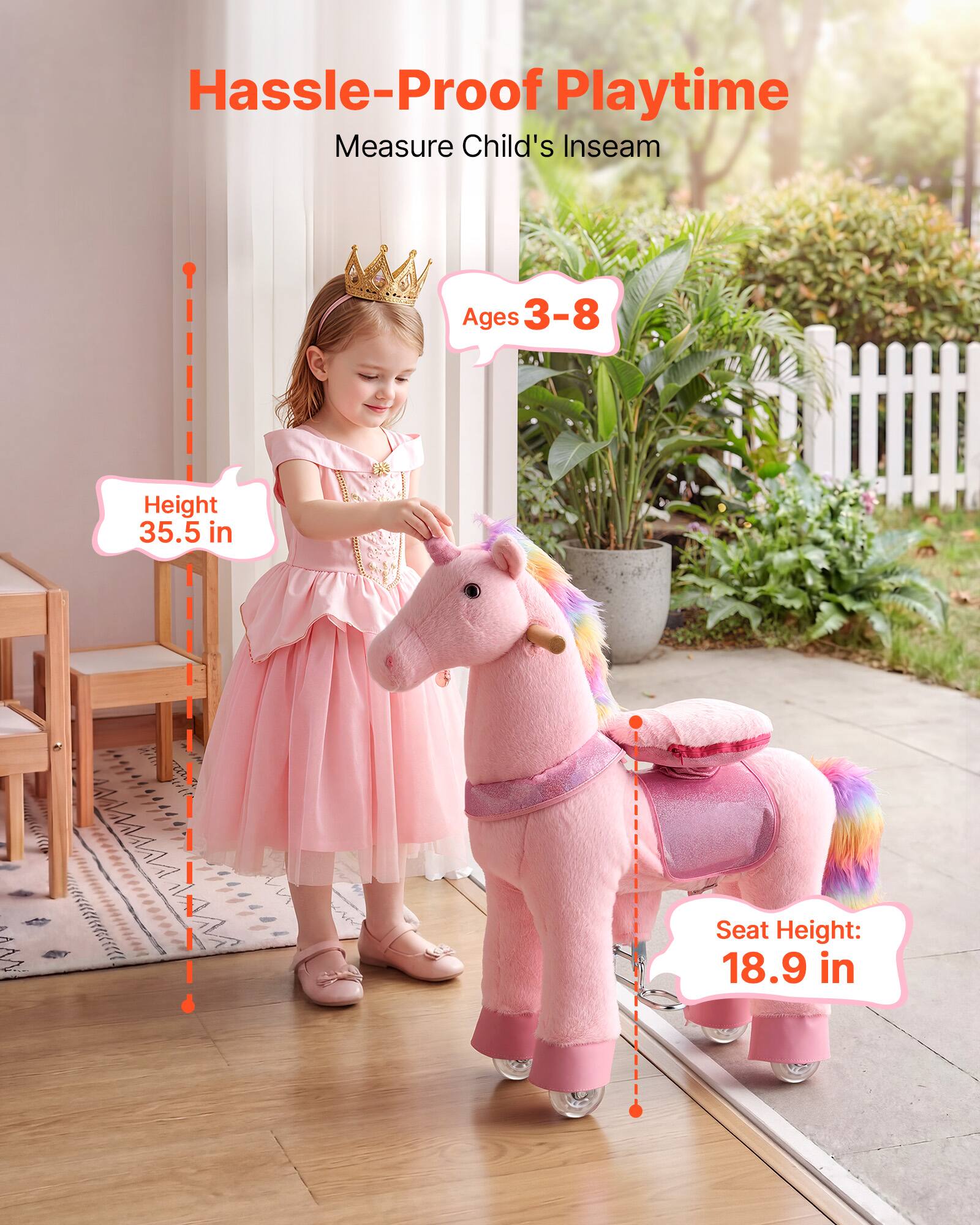 Hassle-Proof Playtime  
Measure Child's Inseam  
Ages 3-8  
Height 35.5 in  
Seat Height: 18.9 in