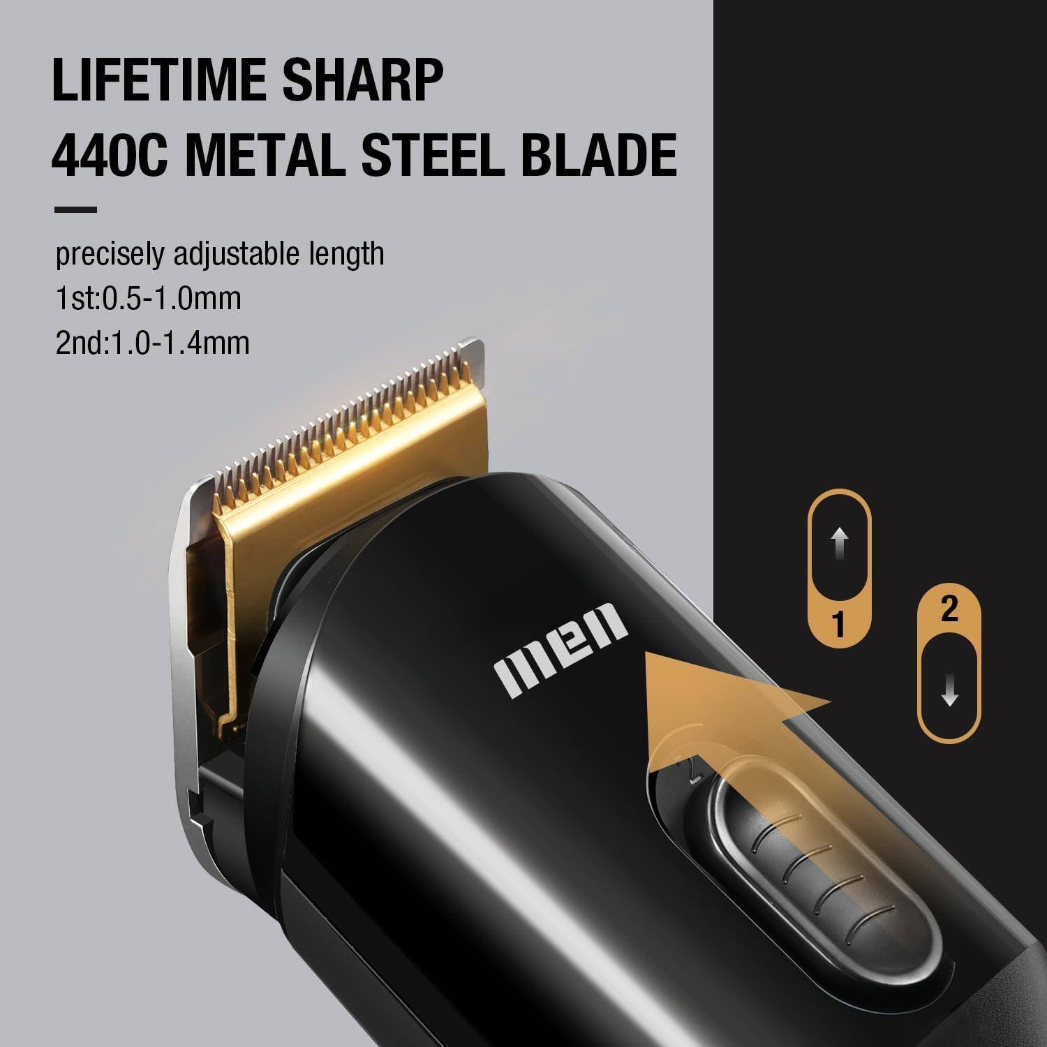 LIFETIME SHARP  
440C METAL STEEL BLADE  

precisely adjustable length  
1st: 0.5-1.0mm  
2nd: 1.0-1.4mm