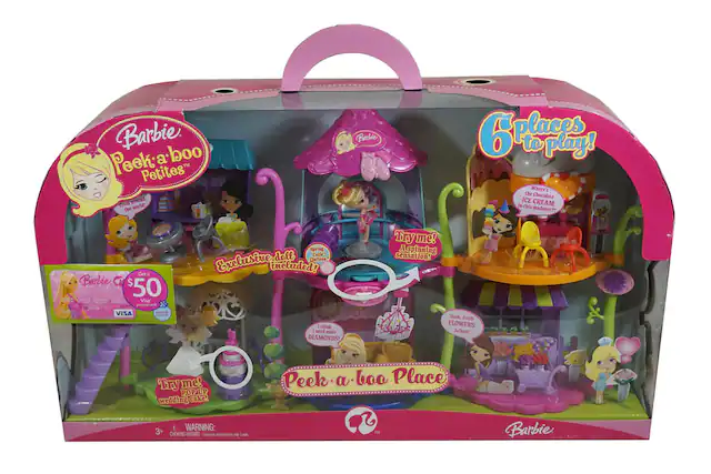 Barbie Peek-a-boo Petites™
6 places to play!
Where's the Chocolate ICE CREAM in this madness?!
Exclusive doll included! Clarissa
Try me! A spinning sensation!
Try me! POPUP wedding cake!
Ooh, fresh FLOWERS: Achoo!
Get a Barbie $50 Visa prepaid card
Peek-a-boo Place
WARNING: CHOKING HAZARD - Small parts. Not for children under 3 years.
Barbie