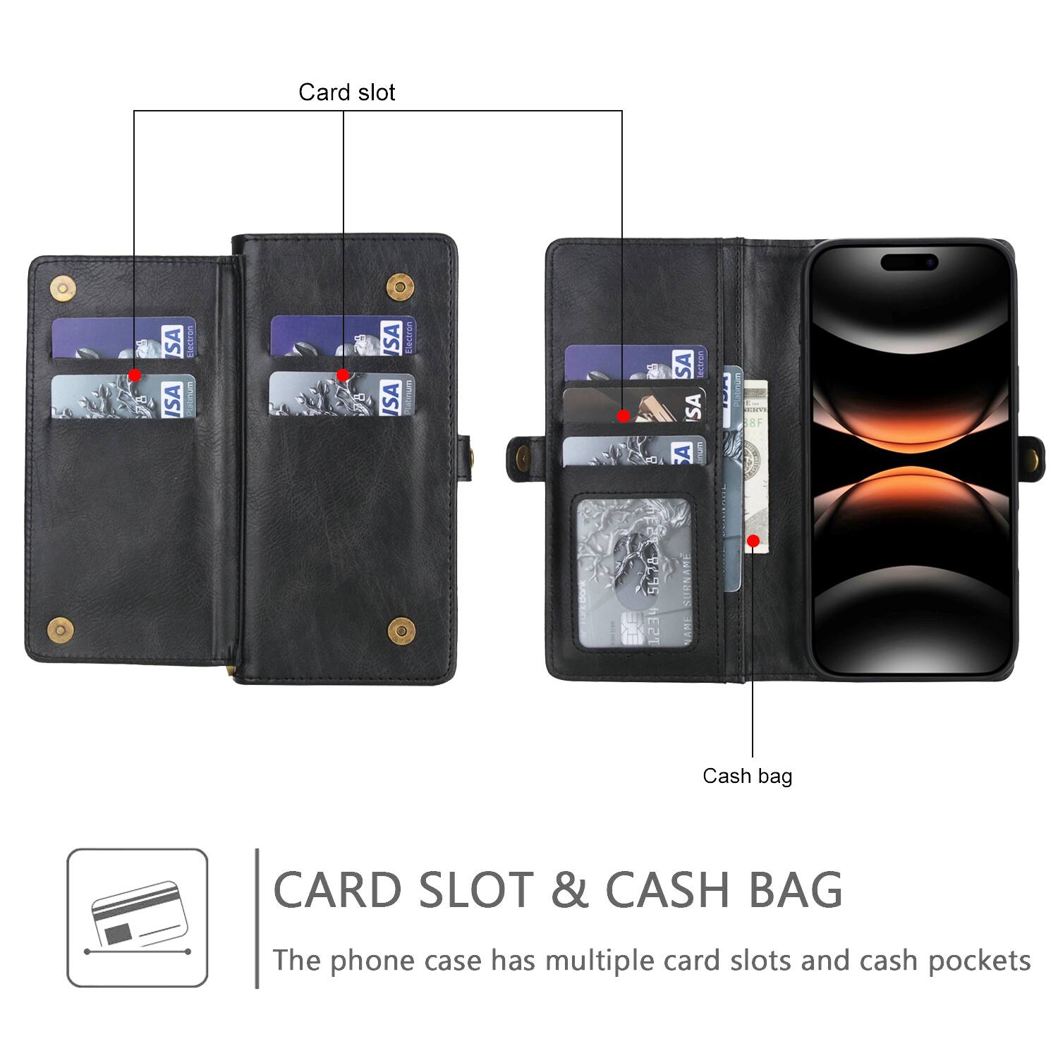 Card slot SA iectron ISA ISA Electron ISA SA ertinon SA A I HF ne 96.78 1239 RURNAM  
Cash bag  
CARD SLOT & CASH BAG  
The phone case has multiple card slots and cash pockets