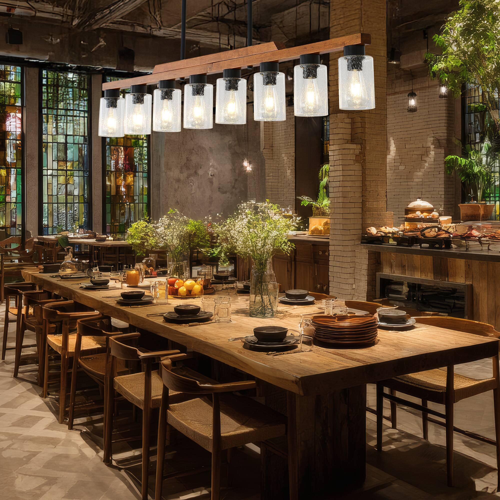 Back. RYHNUYNE - 8-Light Rustic Chandelier, 59 Inch Wood Linear Pendant Light with Seed Glass Shades Adjustable Farmhouse Island Lighting.