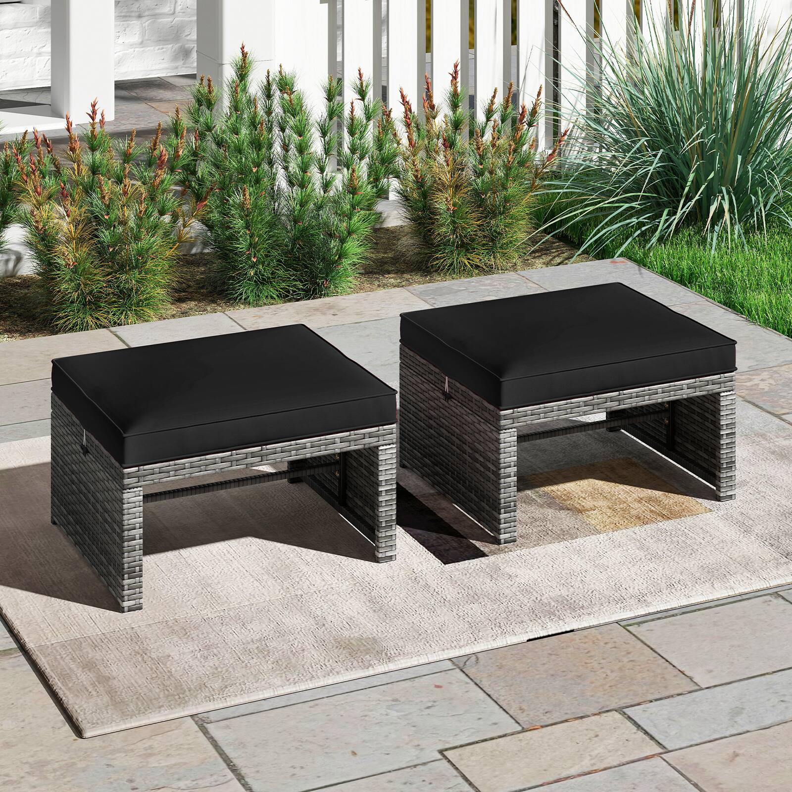 Alt View 5. Gymax - Gymax 2 Pieces Patio PE Rattan Ottomans with Soft Zippered Cushions for Deck Black - Black.