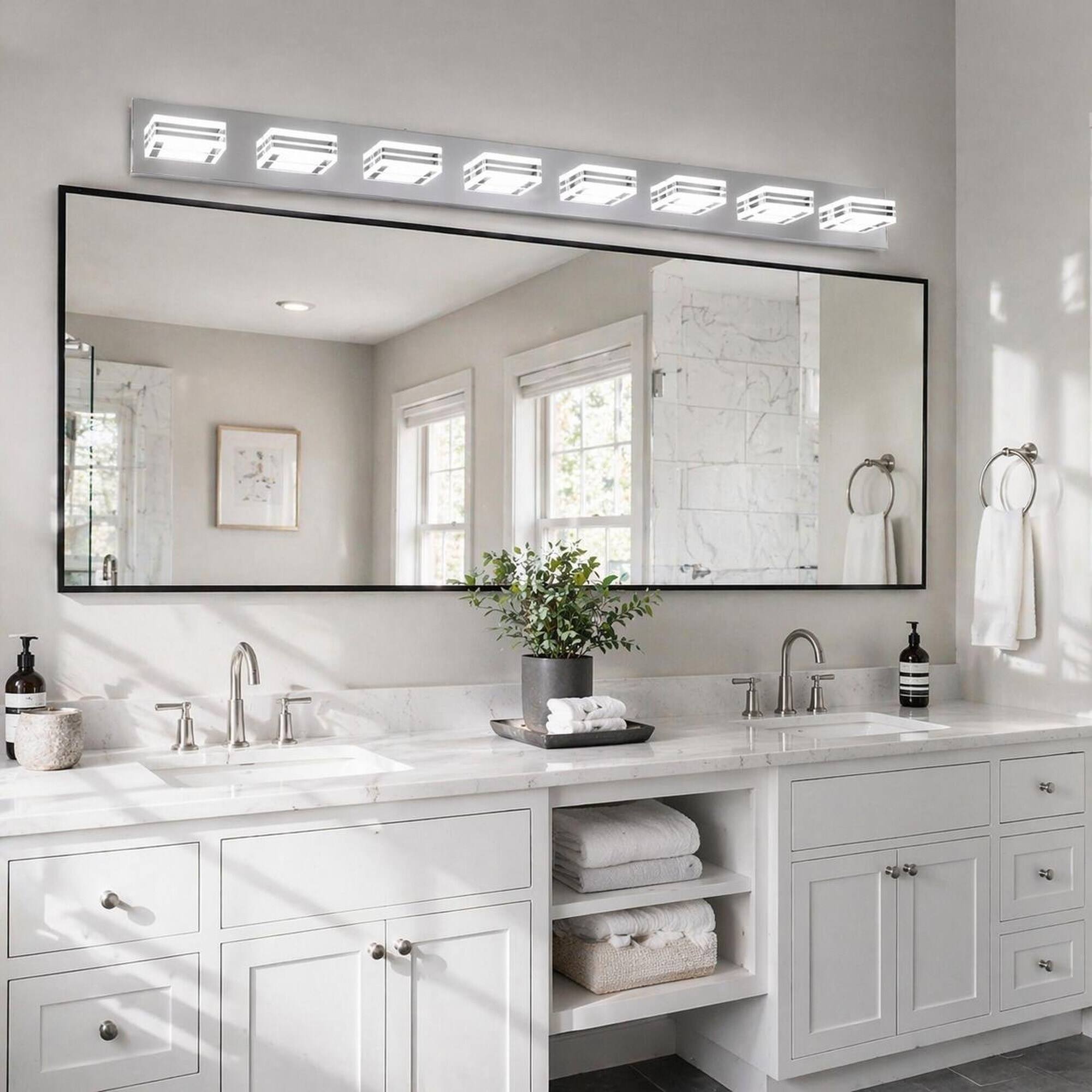 Alt View 1. RYHNUYNE - 52" Modern Chrome 8‑Light LED Vanity Light,Square Acrylic Shade Wall Mount Bathroom Vanity Light Fixture for Bath - Chrome.