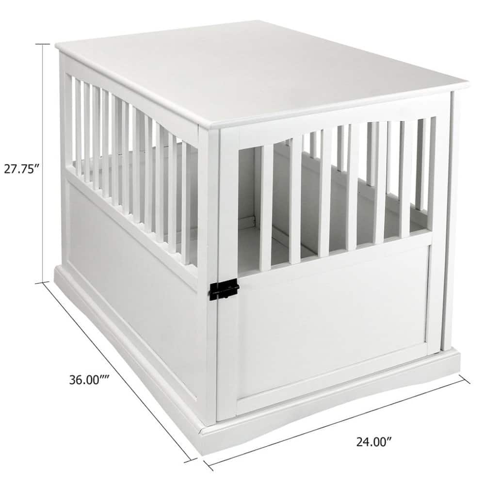 FurniFact - Dog Kennel Furniture with Gate, Solid Wood Dog Crate End Table - White