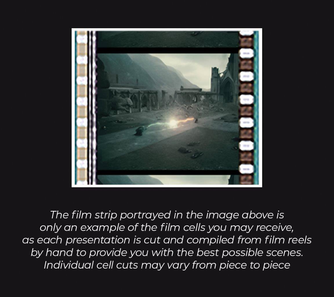 The film strip portrayed in the image above is only an example of the film cells you may receive, as each presentation is cut and compiled from film reels by hand to provide you with the best possible scenes. Individual cell cuts may vary from piece to piece.