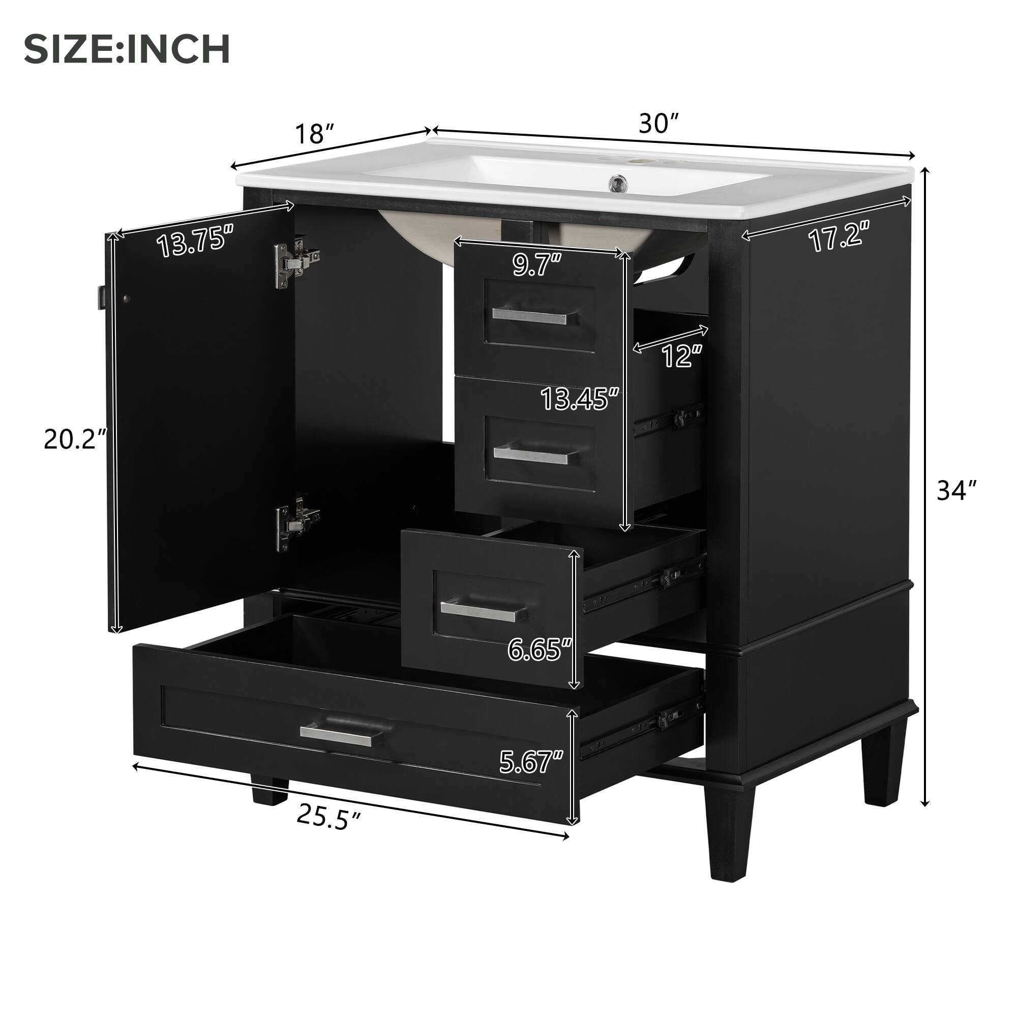 SIZE: INCH

- Width: 30"
- Depth: 18"
- Height: 34"
- Drawer 1: 25.5" (width) x 13.75" (depth) x 6.67" (height)
- Drawer 2: 25.5" (width) x 13.45" (depth) x 6.65" (height)
- Cabinet: 20.2" (height) x 17.2" (depth) x 9.7" (height)