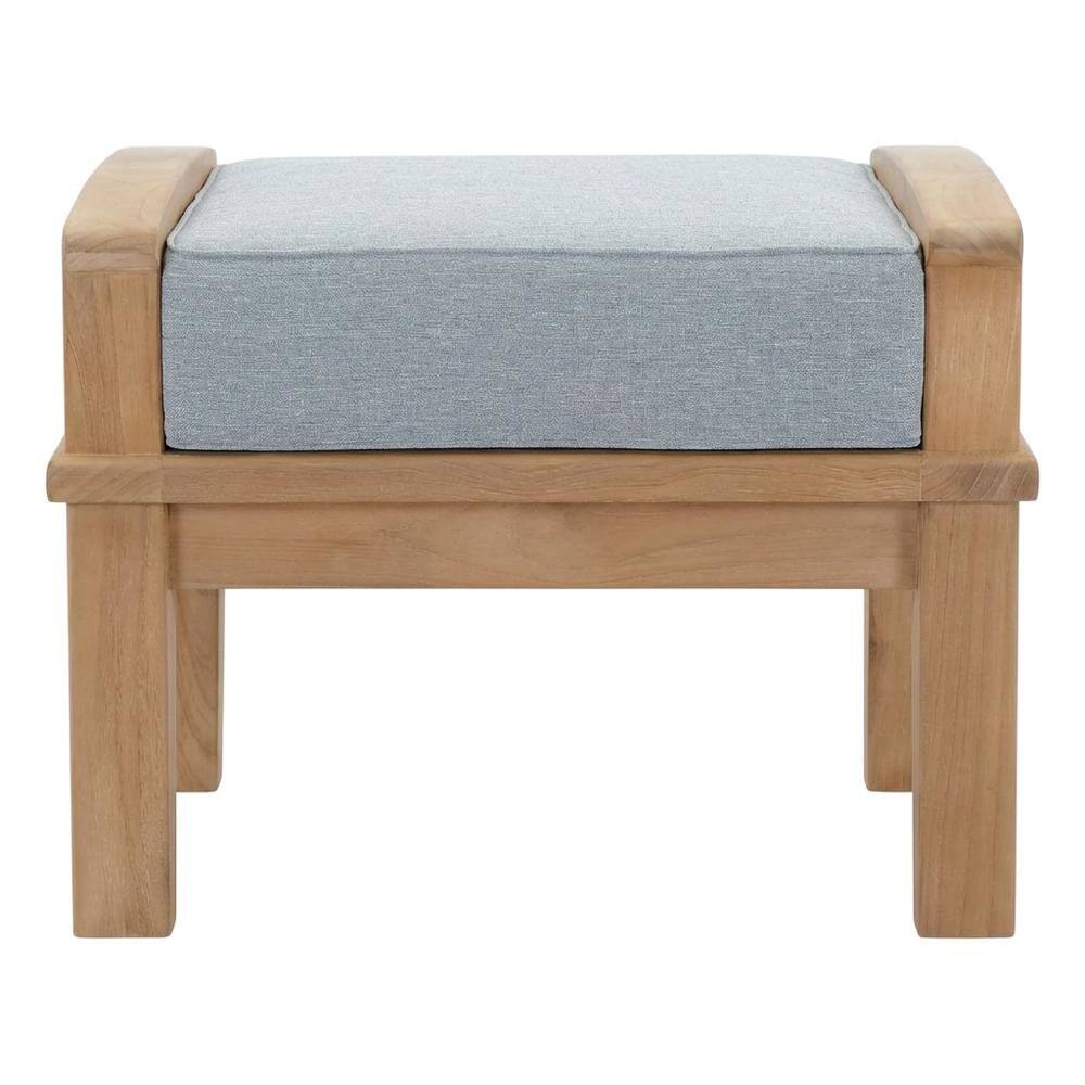 Back. Outdoor Escape - Teak Outdoor Ottoman With Cushioned Seat For Patio Lounging - Gray.
