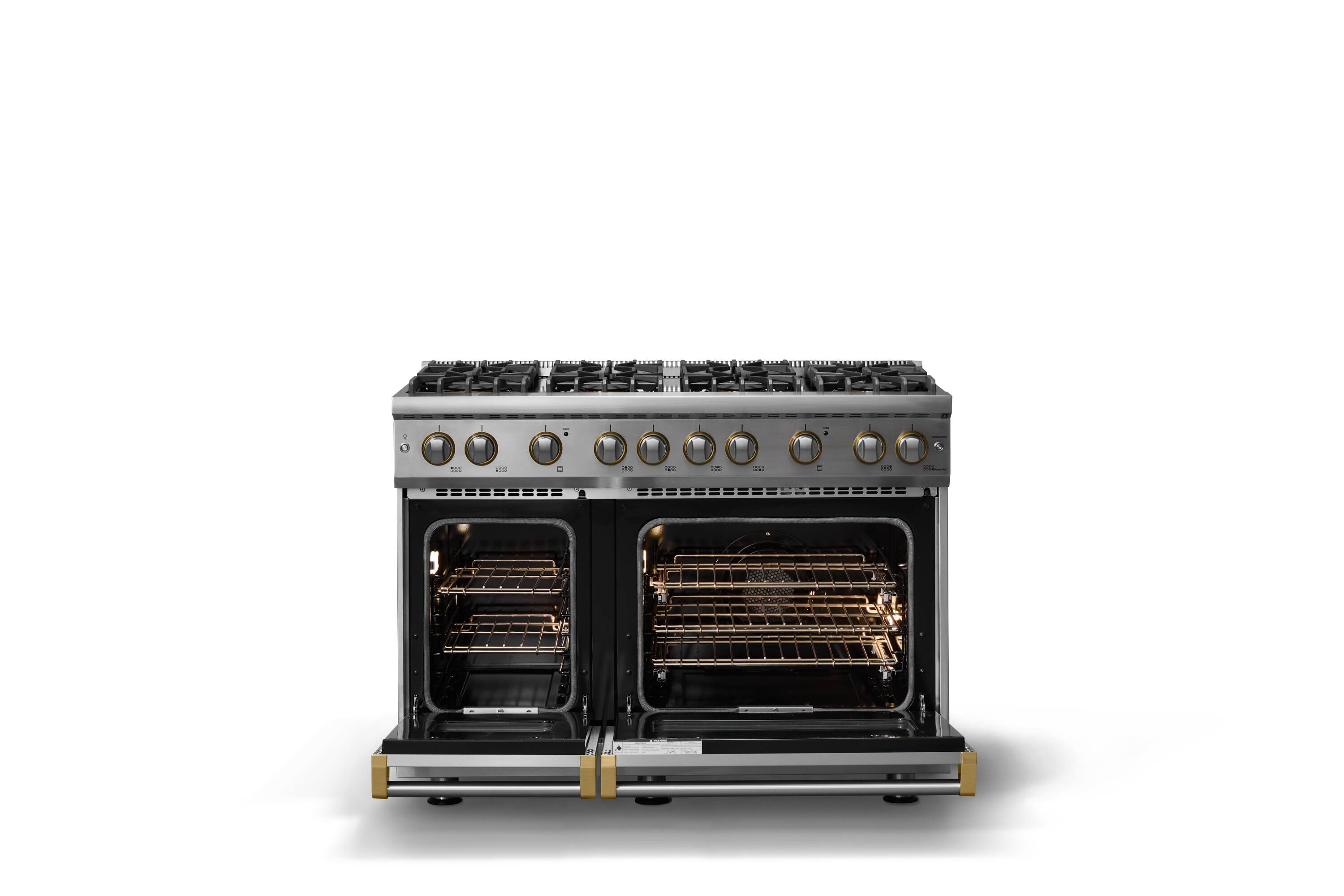 Alt View 2. Viking - 48"W. 6.1 Cu.Ft. Freestanding Manual Clean Sealed 8B LP Gas Convection Range/Double Oven-Stainless Steel/Brushed Brass - Stainless Steel.