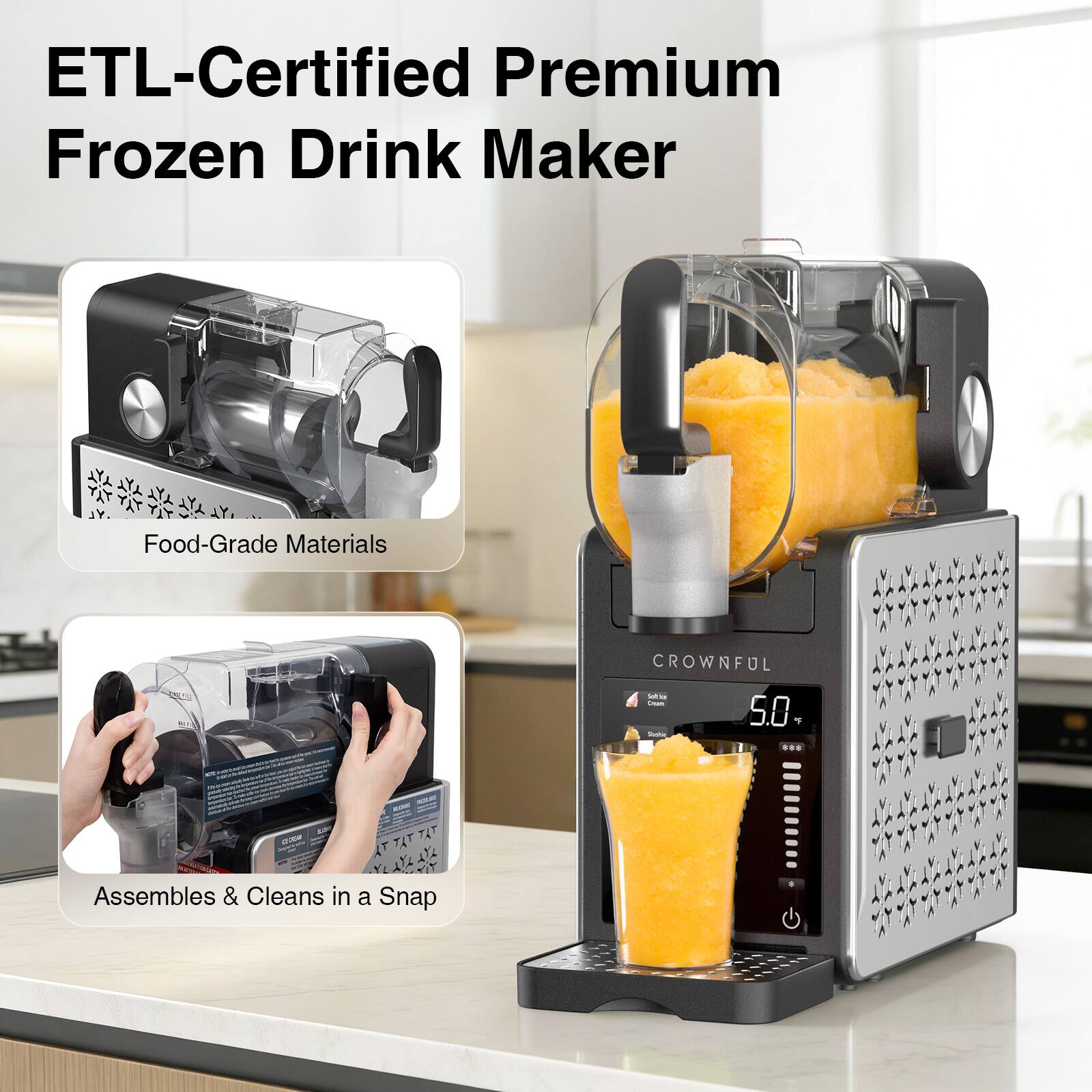 ETL-Certified Premium Frozen Drink Maker

Food-Grade Materials

Assembles & Cleans in a Snap