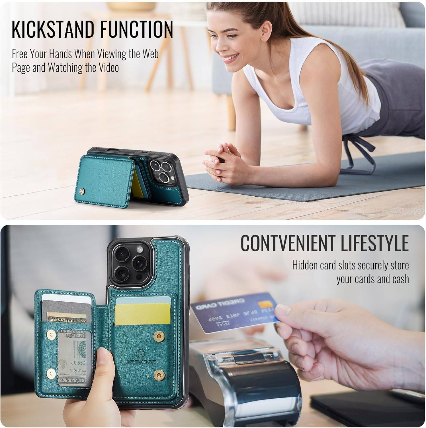 KICKSTAND FUNCTION  
Free Your Hands When Viewing the Web Page and Watching the Video  

CONVENIENT LIFESTYLE  
Hidden card slots securely store your cards and cash