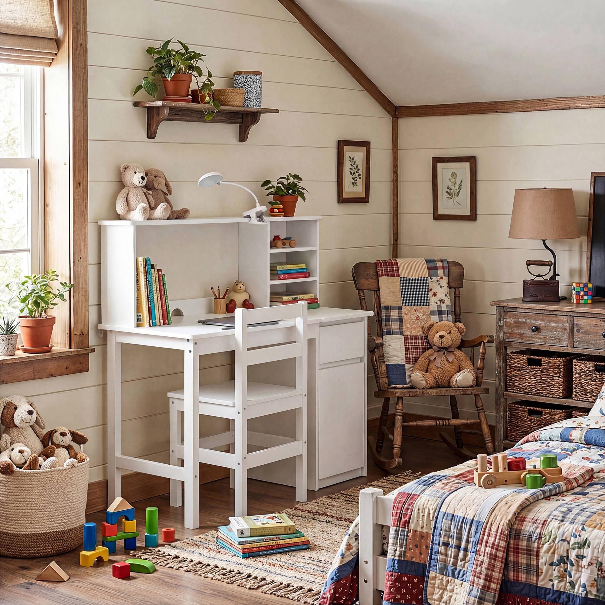 Left. Famapy - Kids Solid Wood Desk & Chair Set – Height Adjustable with Tiltable Tabletop, Storage for Study, Drawing, Reading - White.