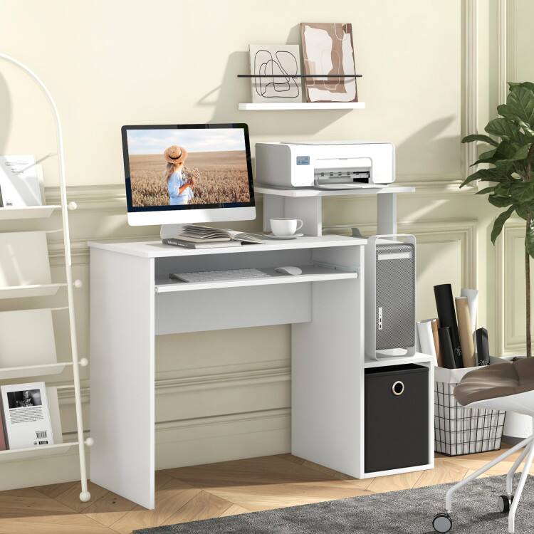 Left. SlickBlue - Space-Saving Computer Desk with Pull-Out Keyboard Tray for Home or Office - White.