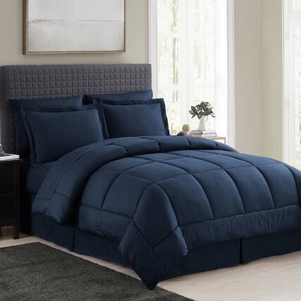 Front. Sweet Home Collection - 8 Piece Embossed Checkered Bed in a Bag All Season Complete Set with Sheets - Queen - Navy Blue.
