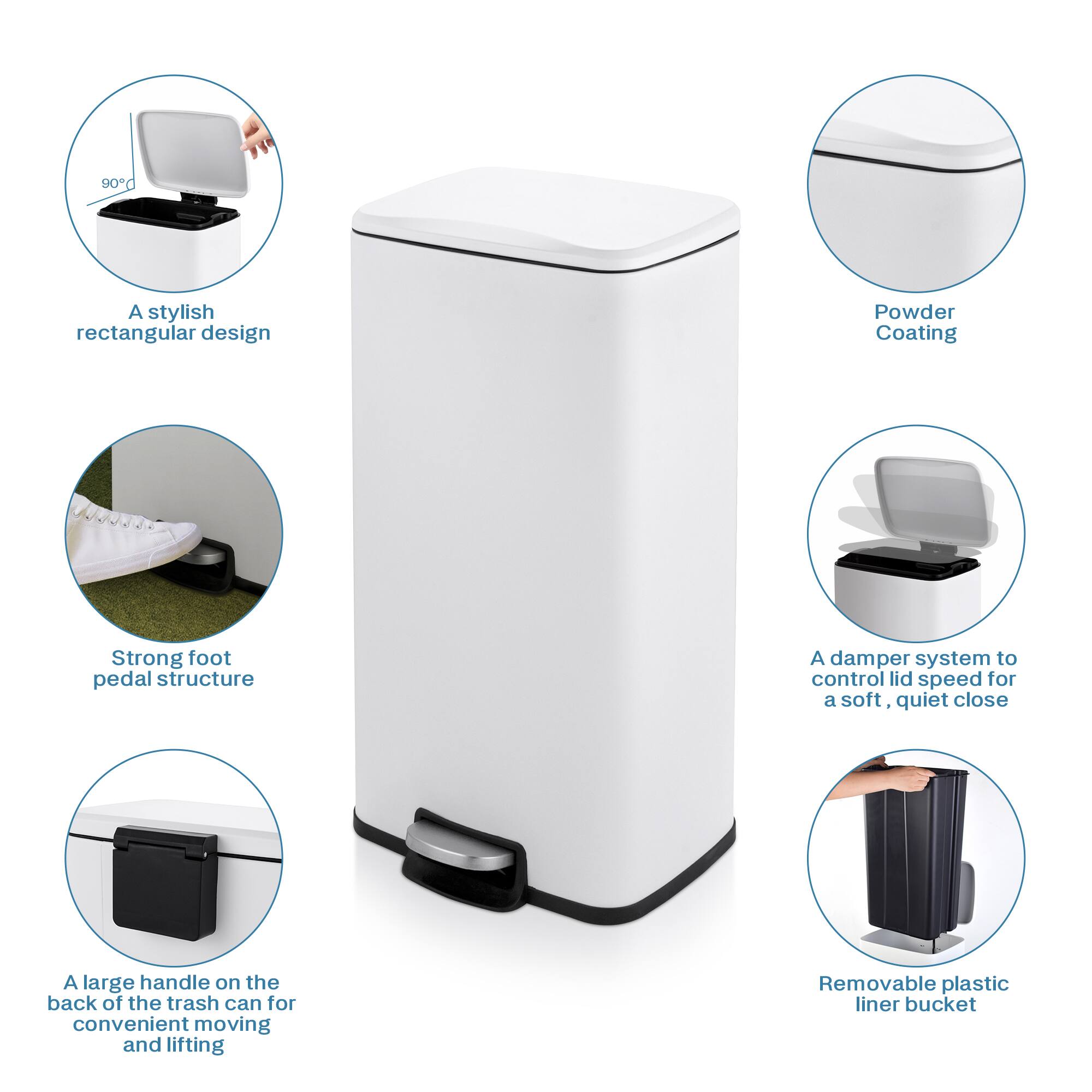A stylish rectangular design, Powder Coating, Strong foot pedal structure, A damper system to control lid speed for a soft, quiet close, A large handle on the back of the trash can for convenient moving and lifting, Removable plastic liner bucket