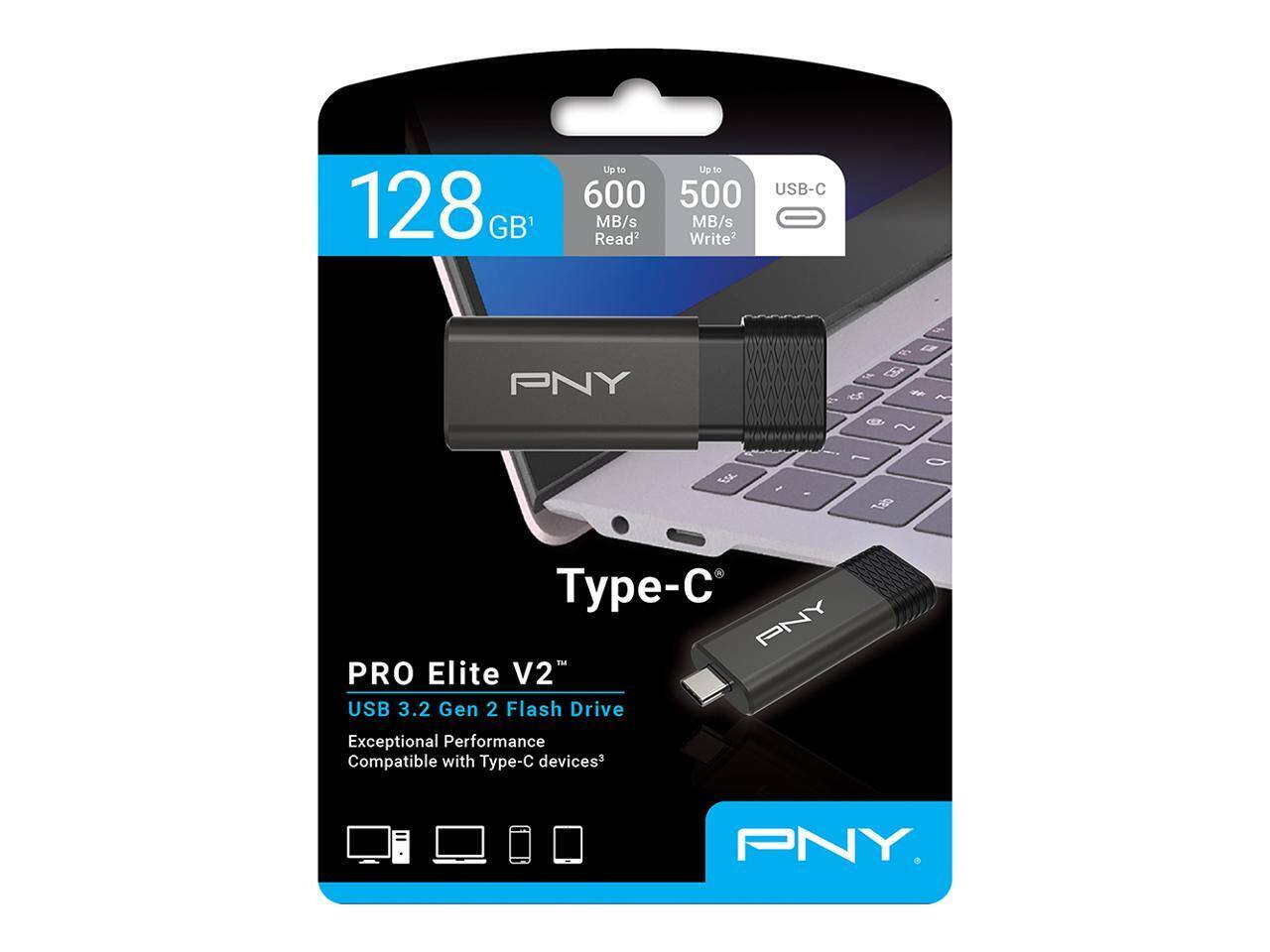 128 GB  
Up to 600 MB/s Read  
Up to 500 MB/s Write  
USB-C  
PNY  
PRO Elite V2  
USB 3.2 Gen 2 Flash Drive  
Exceptional Performance  
Compatible with Type-C devices*