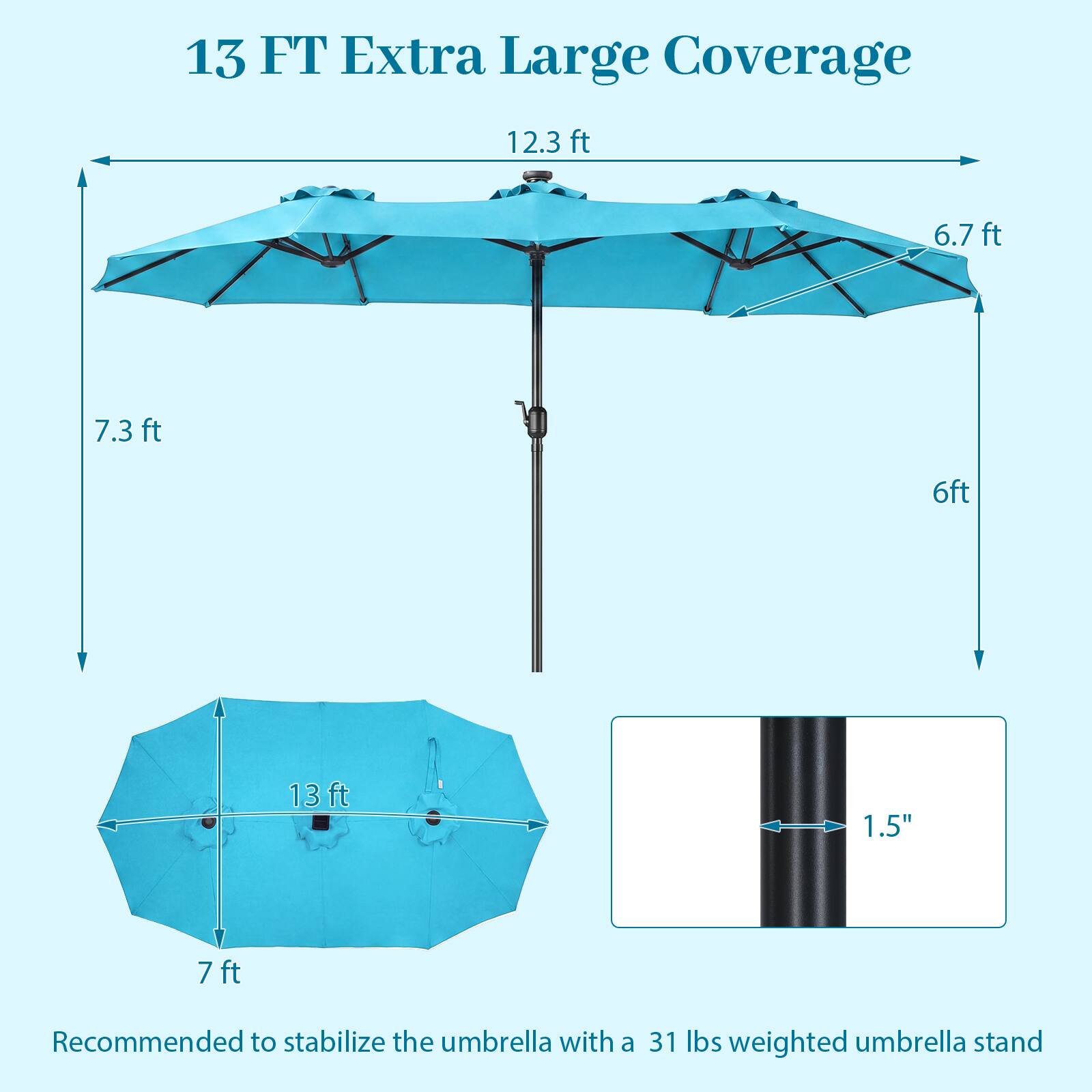 13 FT Extra Large Coverage  
12.3 ft  
6.7 ft  
7.3 ft  
6 ft  
13 ft  
1.5"  
Recommended to stabilize the umbrella with a 31 lbs weighted umbrella stand