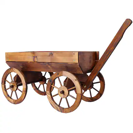 Front. GOODSILO - Rustic Wood Wagon Planter with Wheels - Decorative Outdoor Garden Flower Pot Stand - Brown.