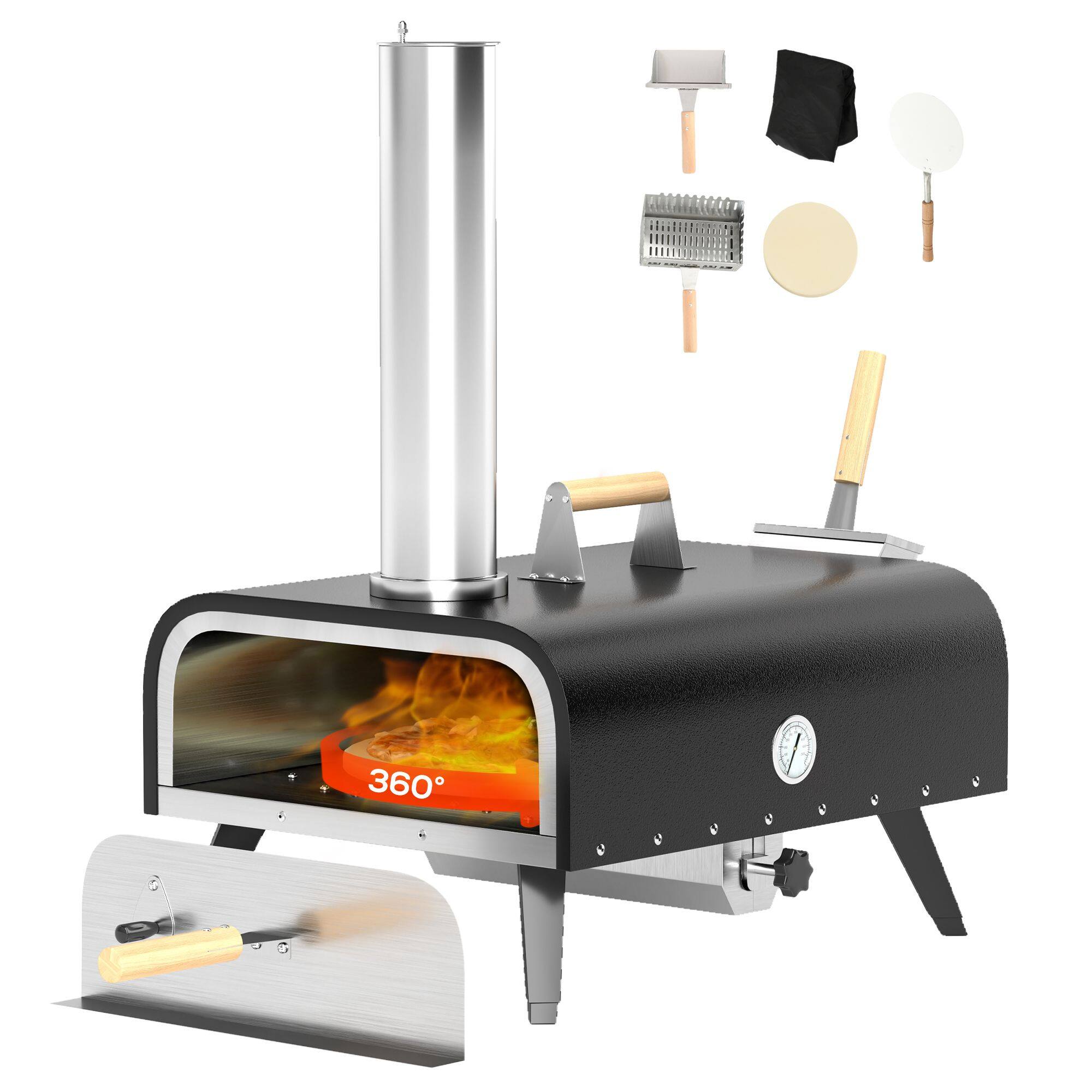 Alt View 4. Forest'nSky - Pizza Oven, Outdoor Wood-Fired with 12" Rotating Stone, Includes Peel & Waterproof Cover, Black - Black.