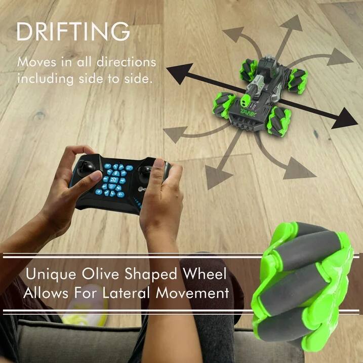 DRIFTING  
Moves in all directions including side to side.

Unique Olive Shaped Wheel Allows For Lateral Movement