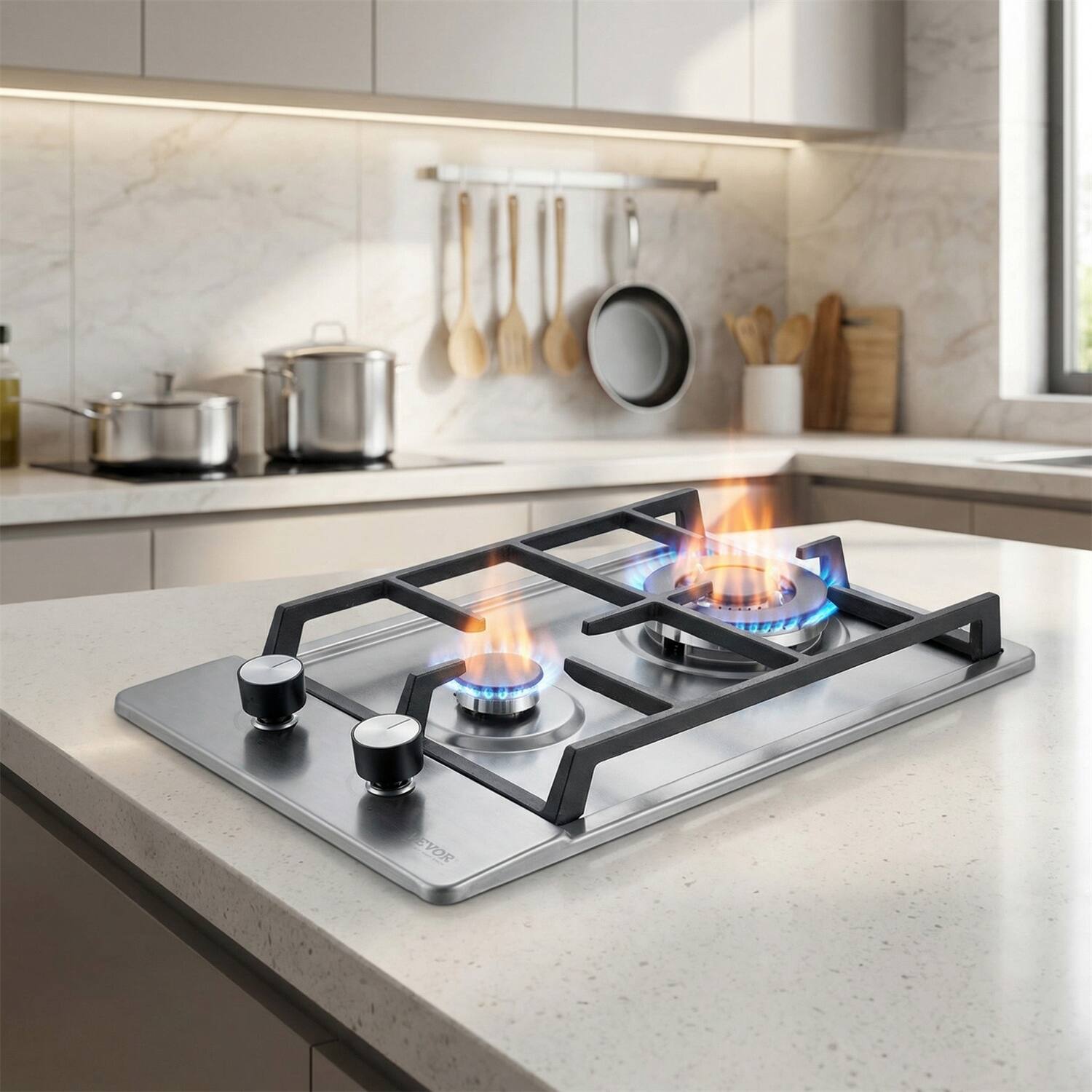 Alt View 6. Forest'nSky - 12" Built-In 2-Burner Gas Cooktop - 12250 BTU Max, Stainless Steel, LPG/NG Convertible - Silver.