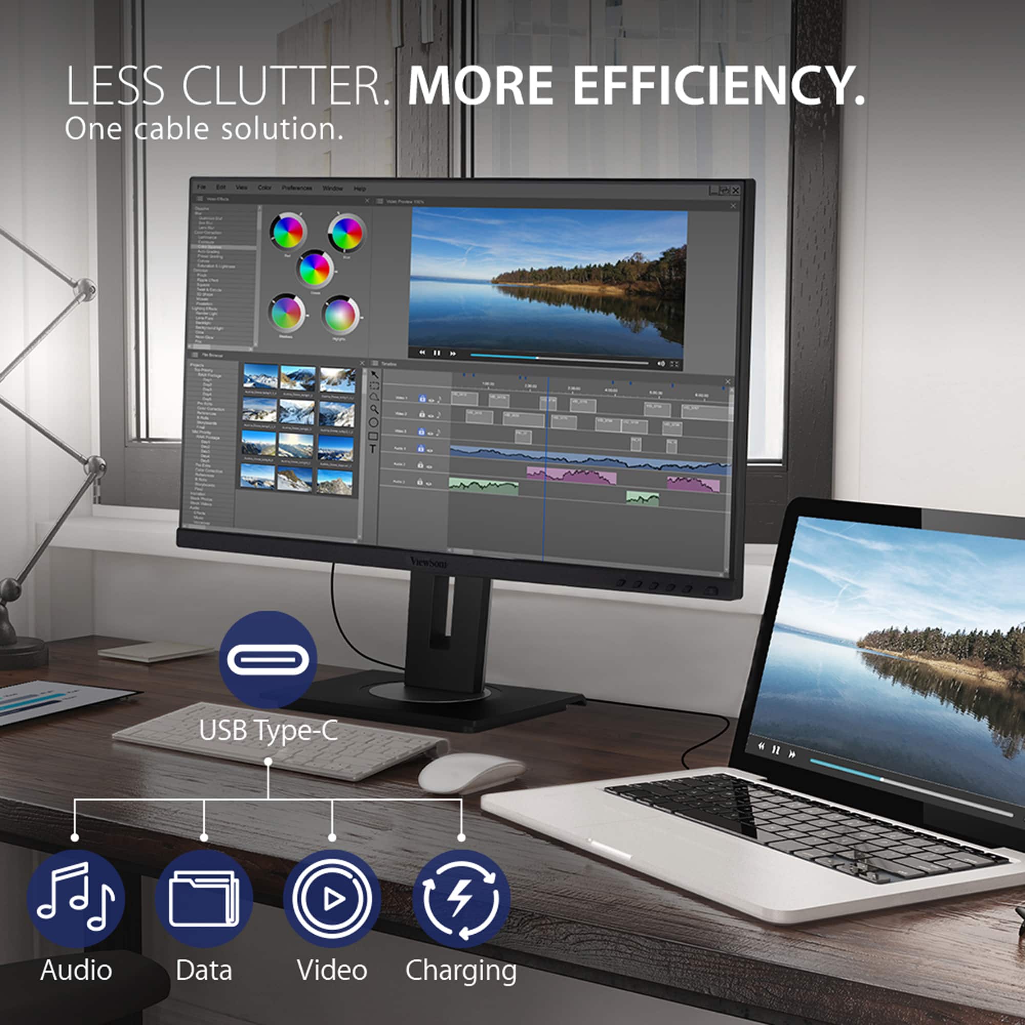 Less Clutter. More Efficiency. One Cable Solution. USB Type-C Audio, Data, Video, Charging.